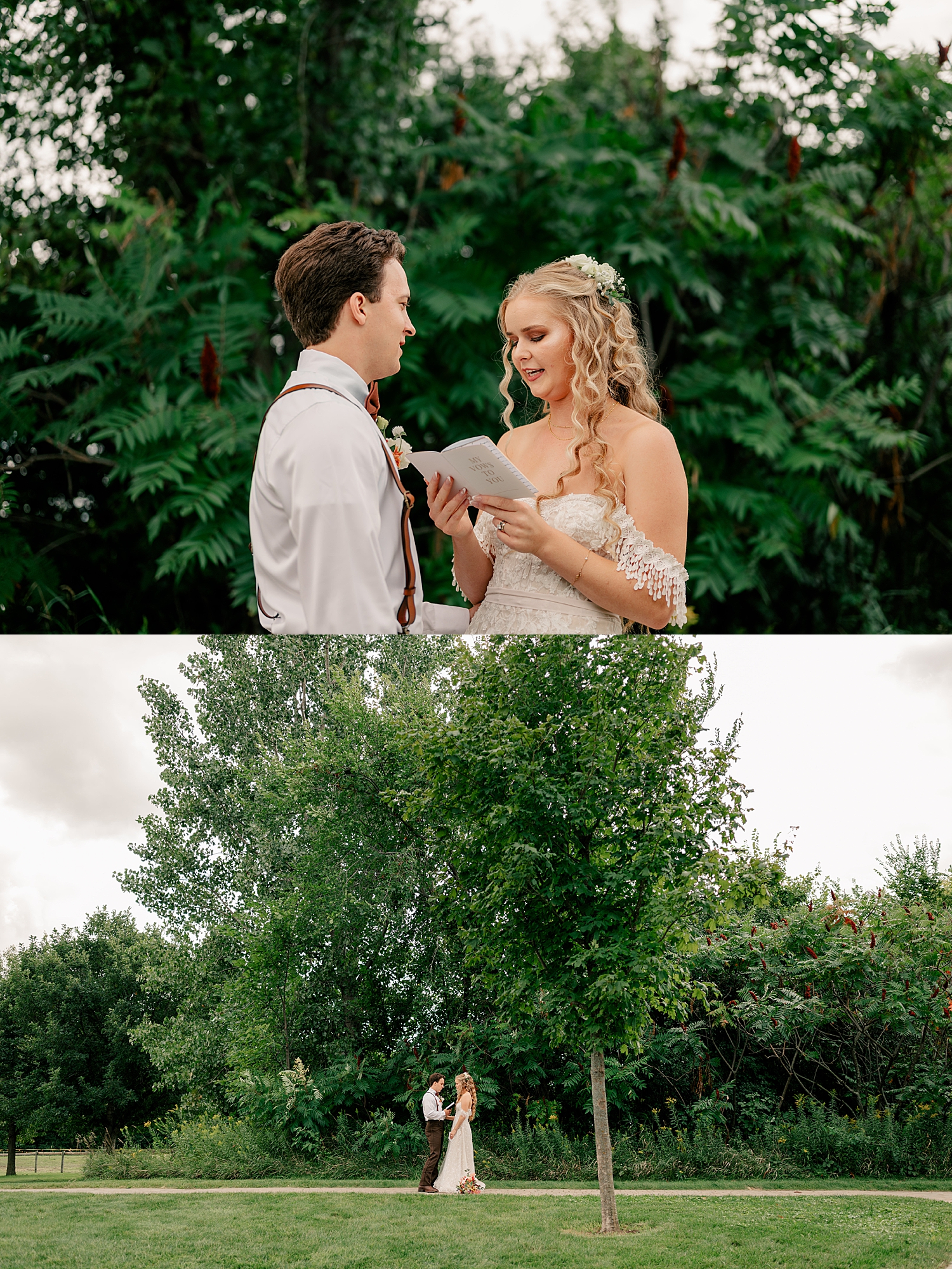 couple exchange private vow under large green tree by Minnesota wedding photographer