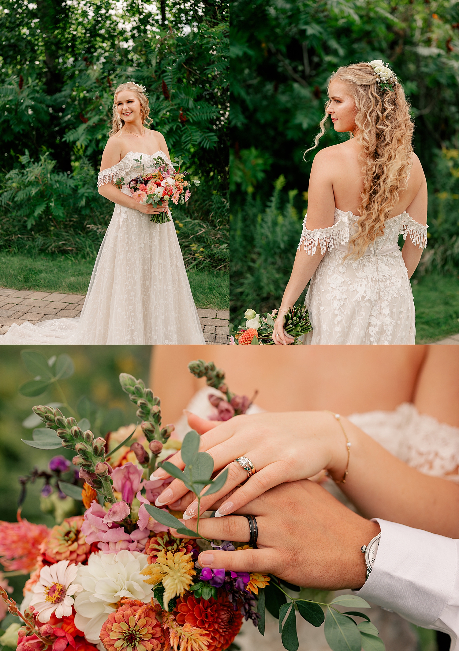 woman with princess hair shows off her diamond ring on florals by Rule Creative Co