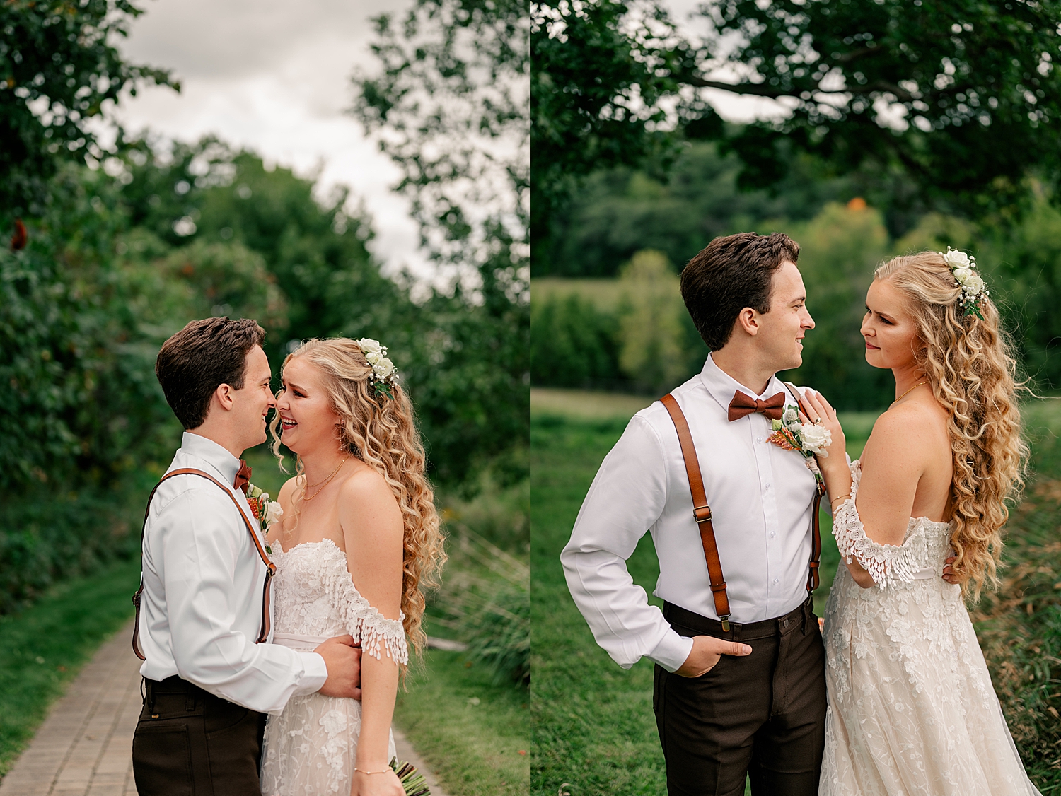newlyweds share a laugh together in a field outside of Gale Woods Farm