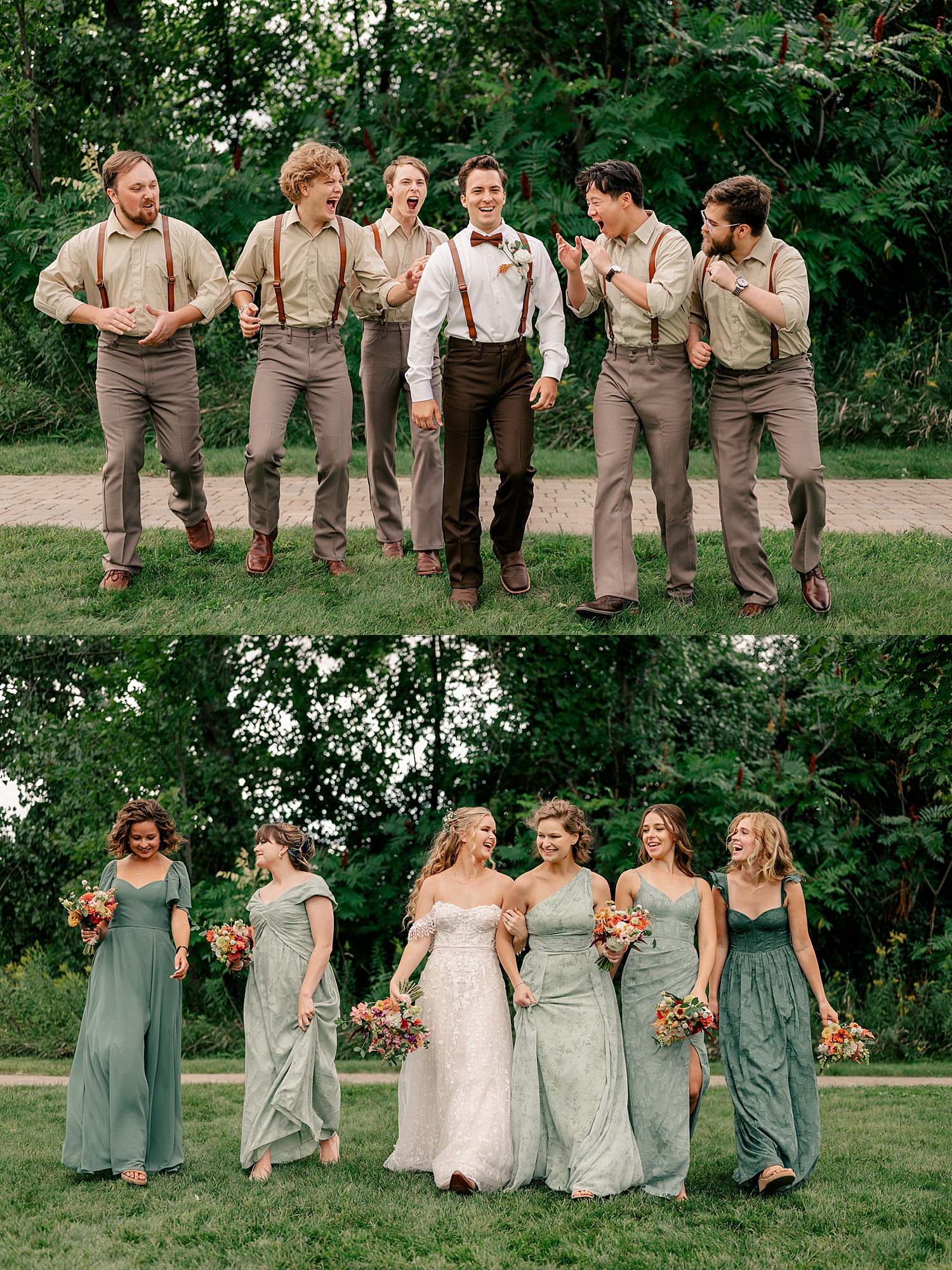 groomsmen in khaki and bridesmaids in green walk in field at Gale Woods Farm