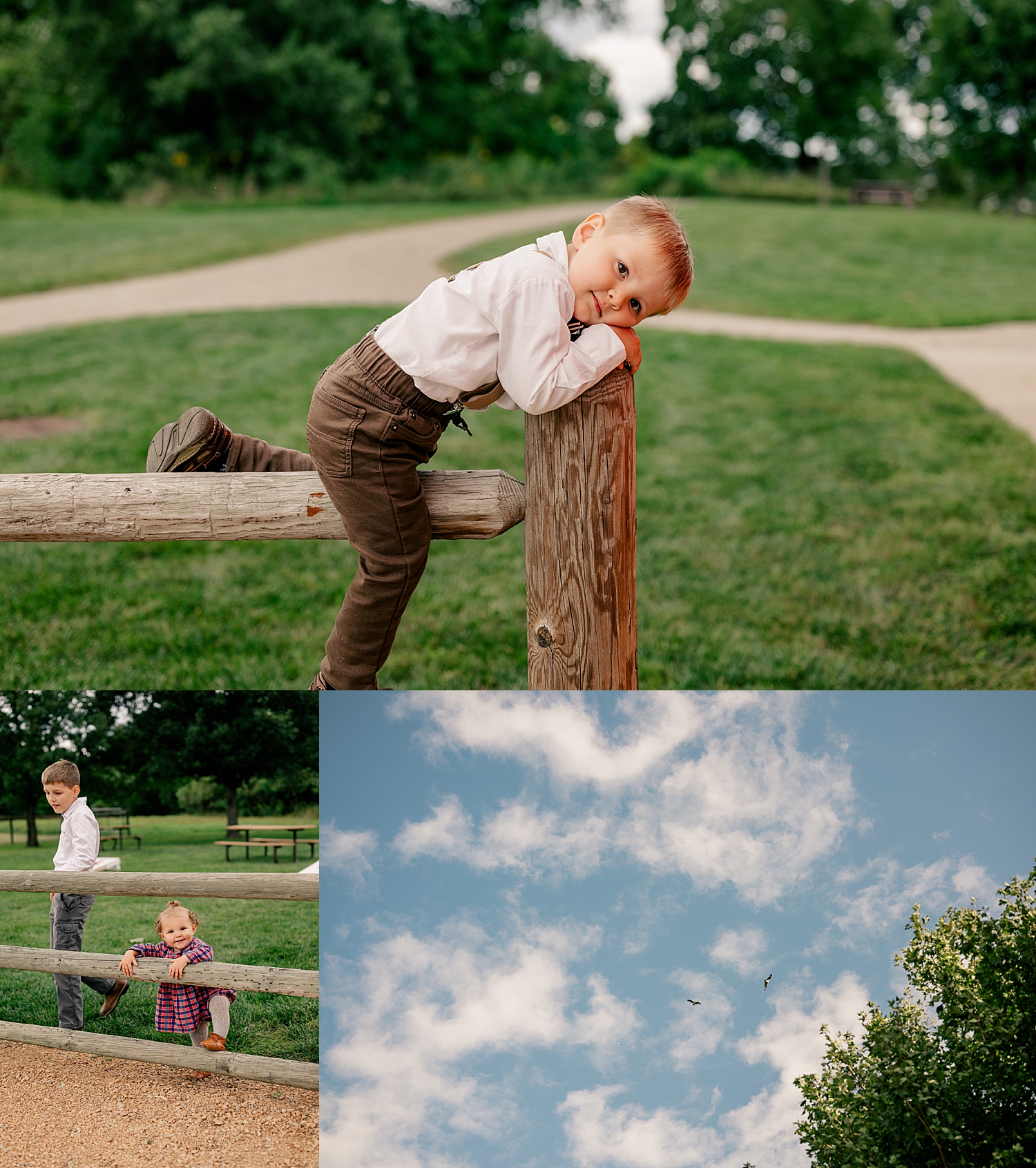 toddler in formal wear sits on fence posts at ceremony site at Gale Woods Farm