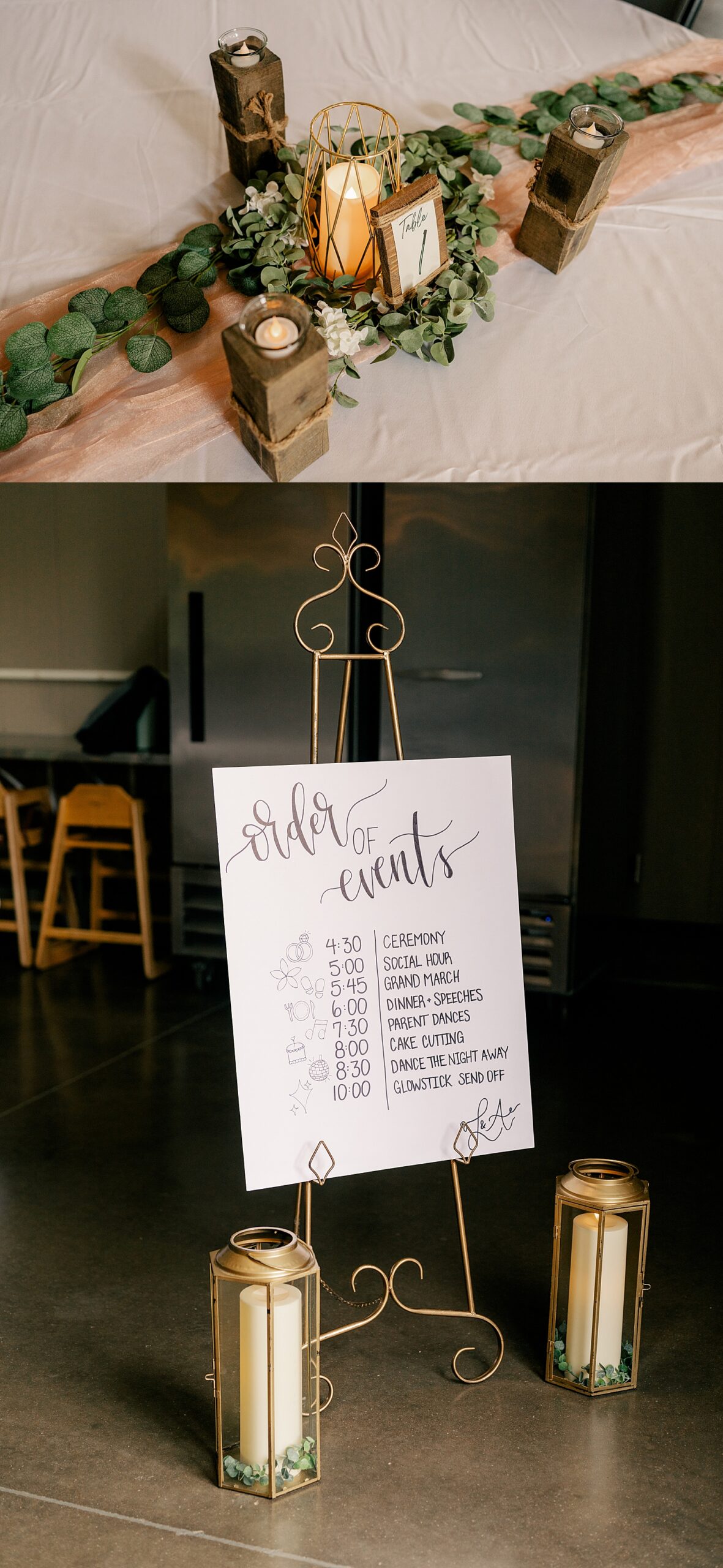 greenery and wooden boxes on reception table by Minnesota wedding photographer
