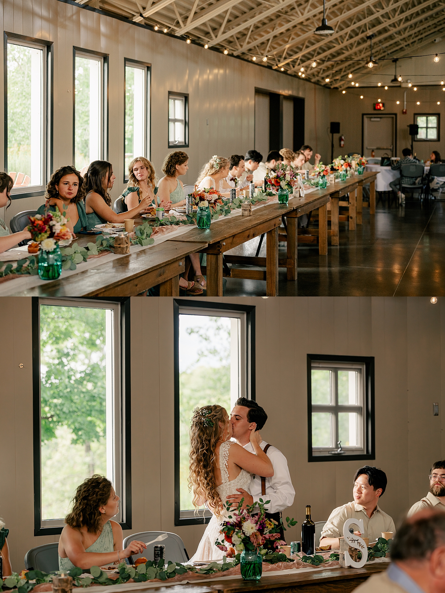 husband and wife share a kiss at their reception dinner by Minnesota wedding photographer