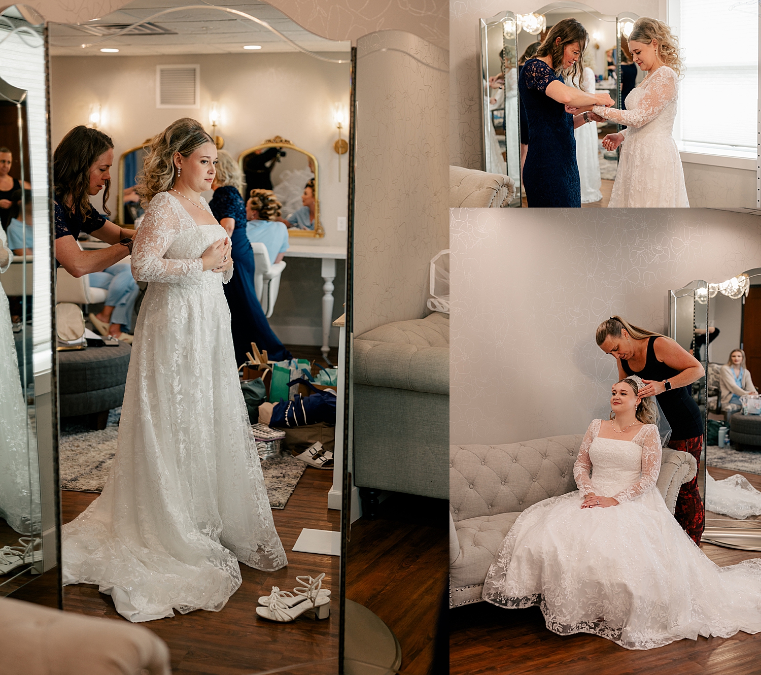 woman in long white lace gown gets ready befoe a mirror by Rule Creative Co