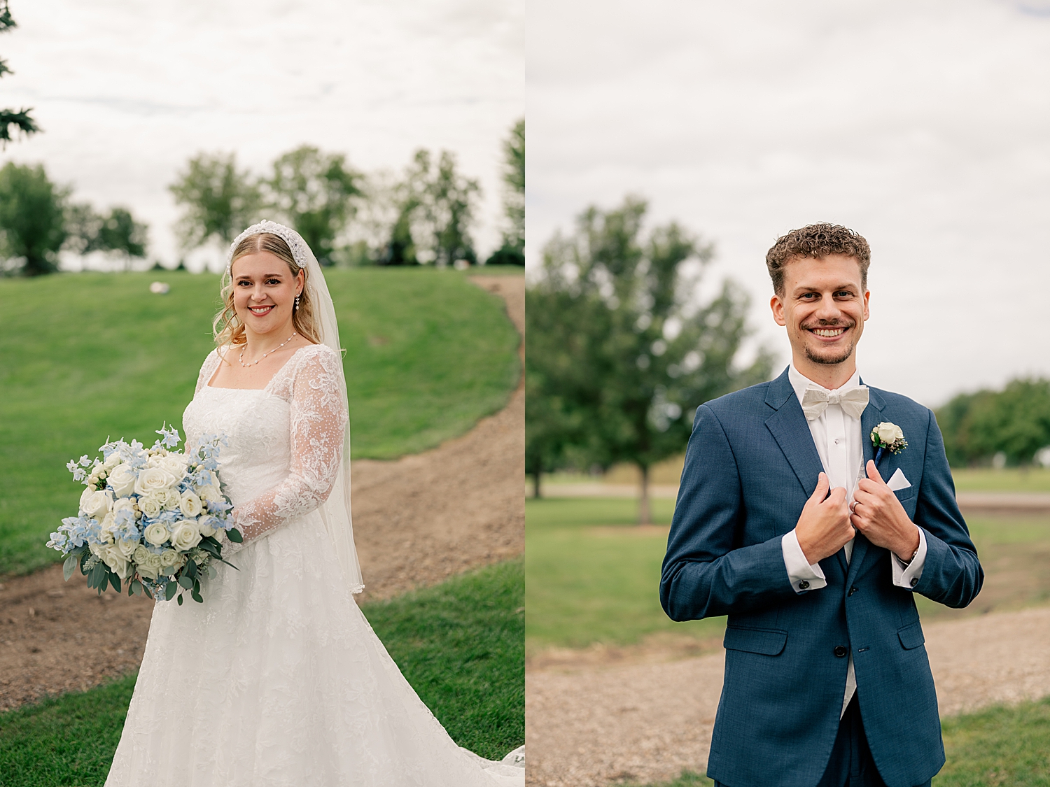 woman in traditional lace bridal gown next to man in blue suit at The Wexford