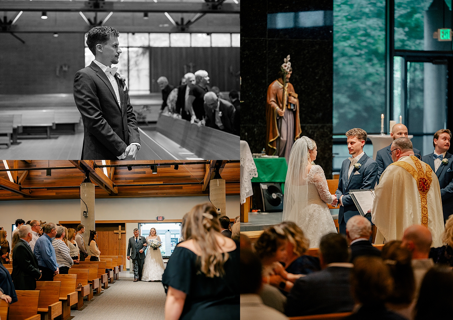 woman and man stand at Catholic alter for ceremony by Rule Creative Co