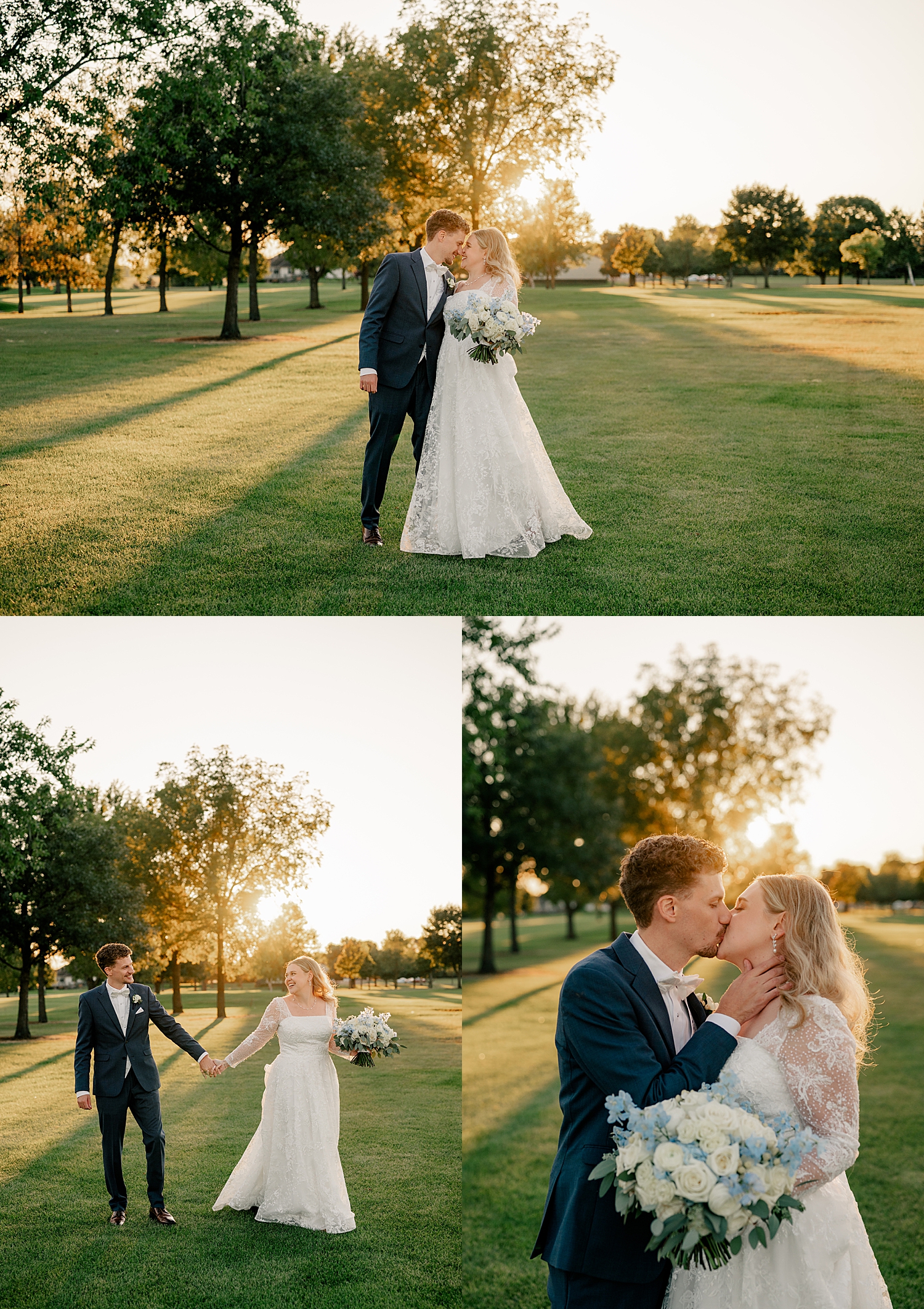 newlyweds walk through a field during peak golden hour by Minnesota wedding photographer