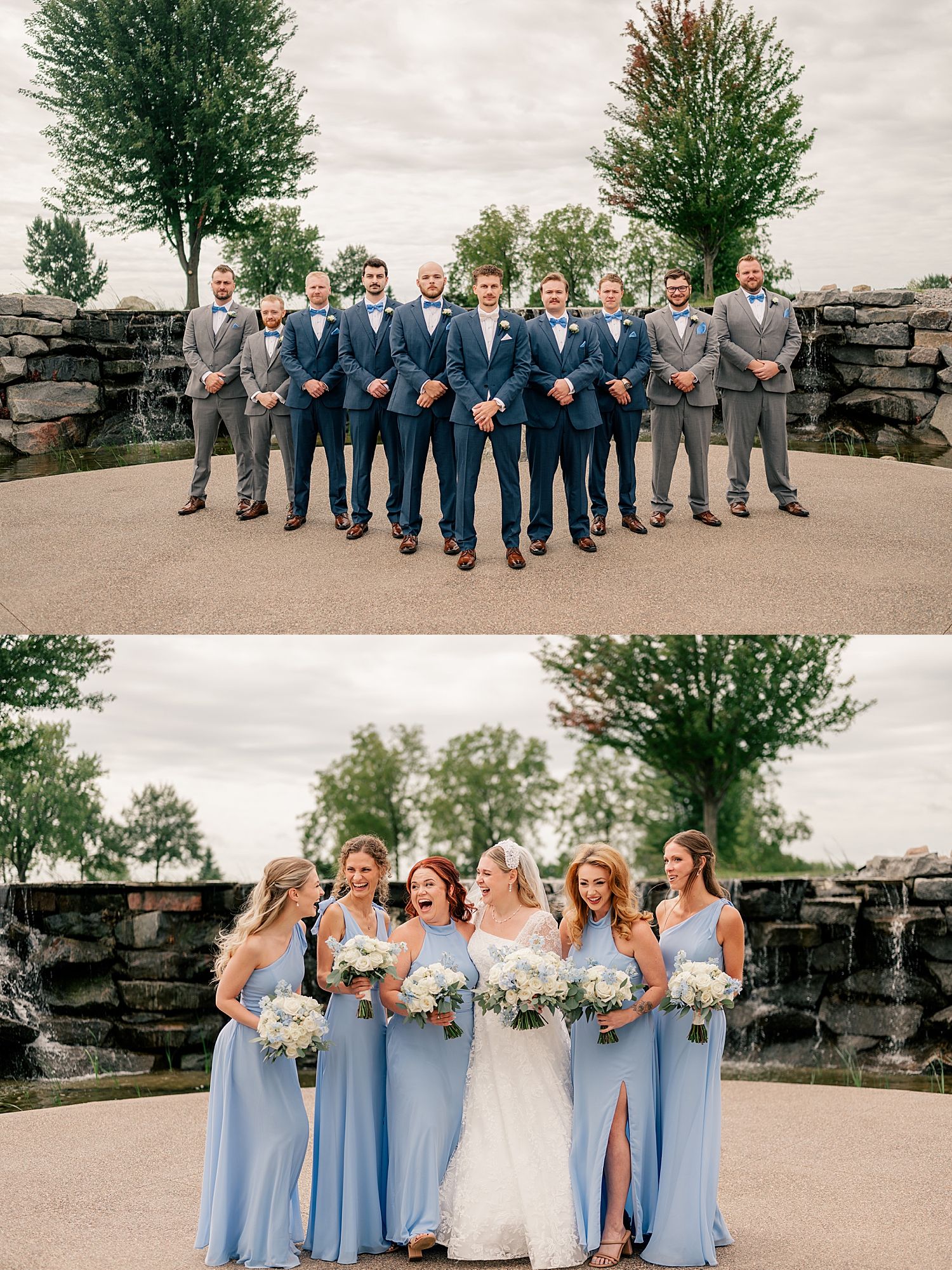 bridal party in blue, gray and white walk together at The Wexford