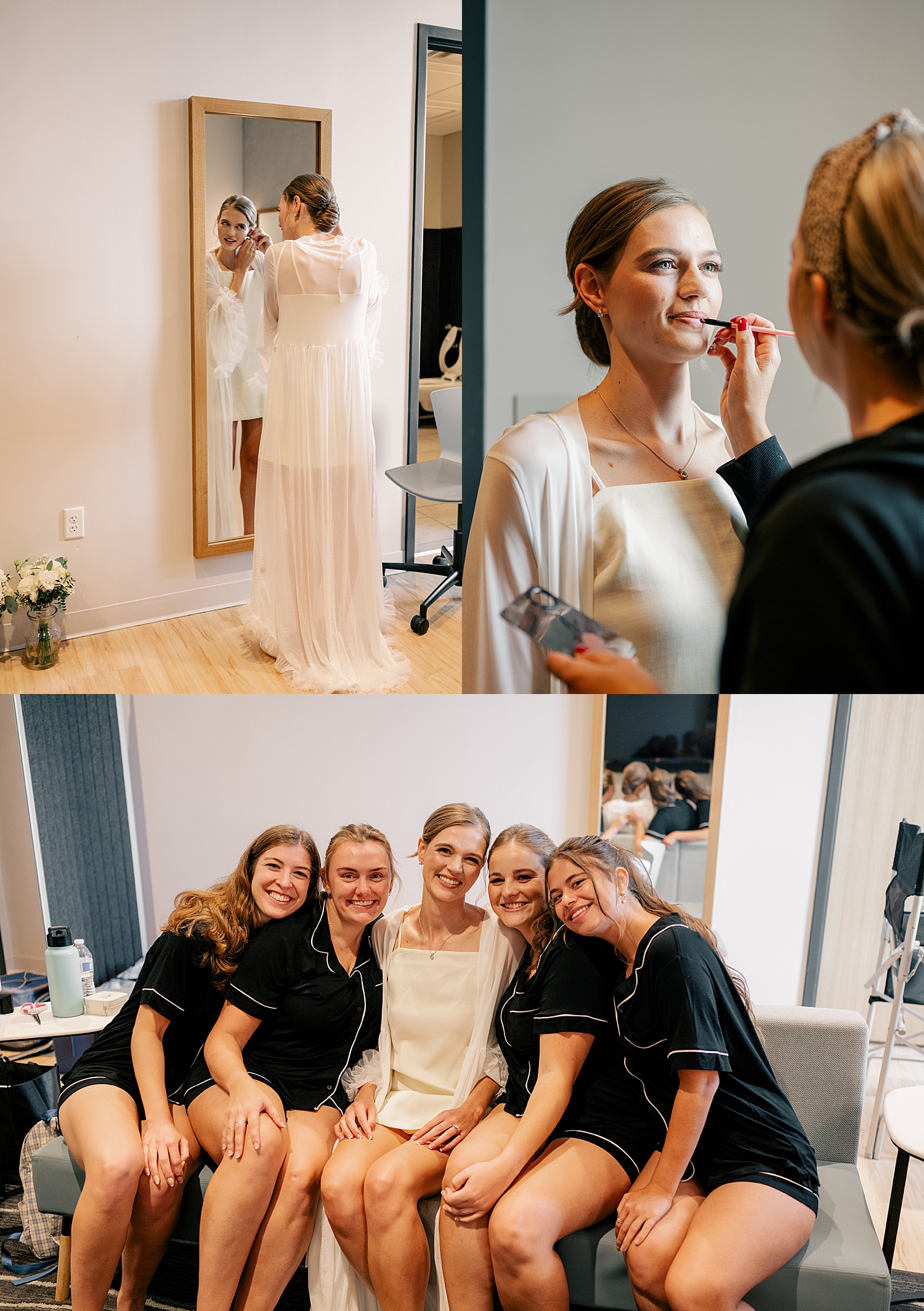 woman gets lipstick applied in getting ready room by Minnesota photographer