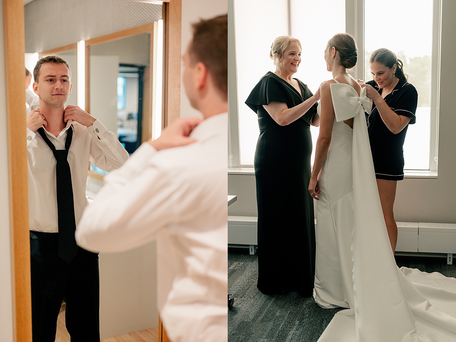 groom fixes his tie while bride gets dressed before big day by Rule Creative Co