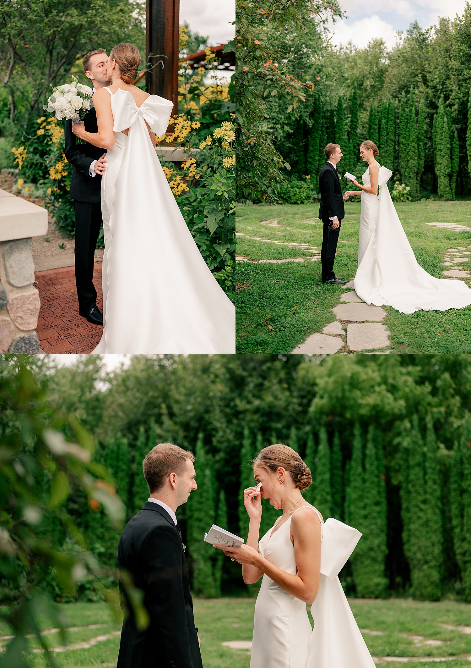 groom sees his bride on the lawn for first look at black & white wedding