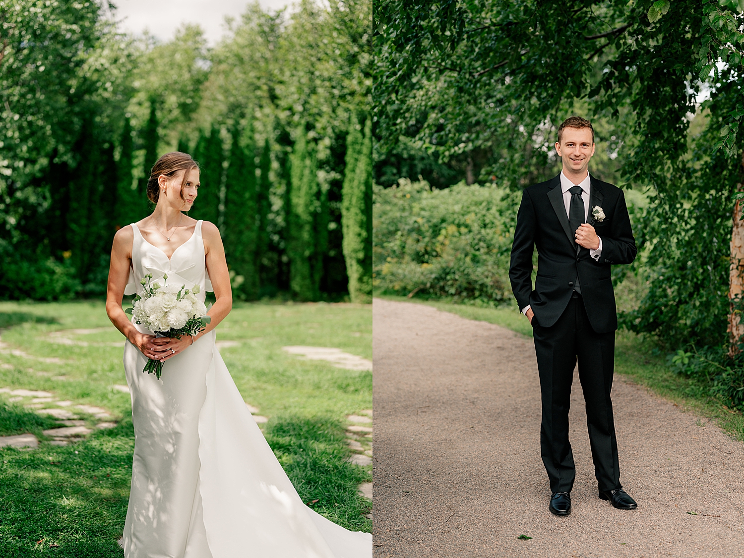 newlyweds stand in garden lawn together on their big day by Minnesota photographer