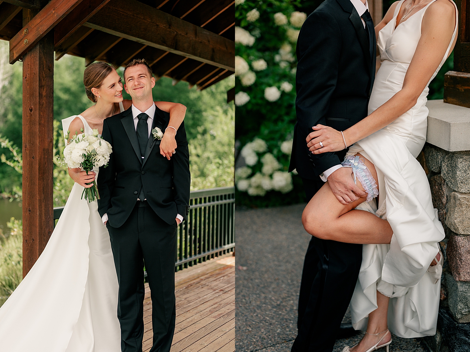 man leans woman against a wall and kisses her, showing off her blue garter, by Minnesota photographer