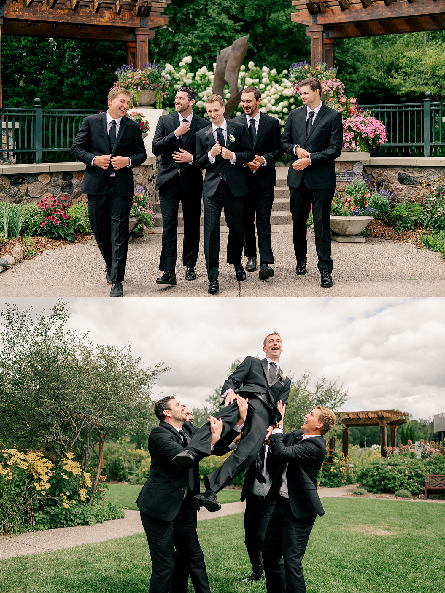 groomsmen throw groom up in the air in garden by Rule Creative Co