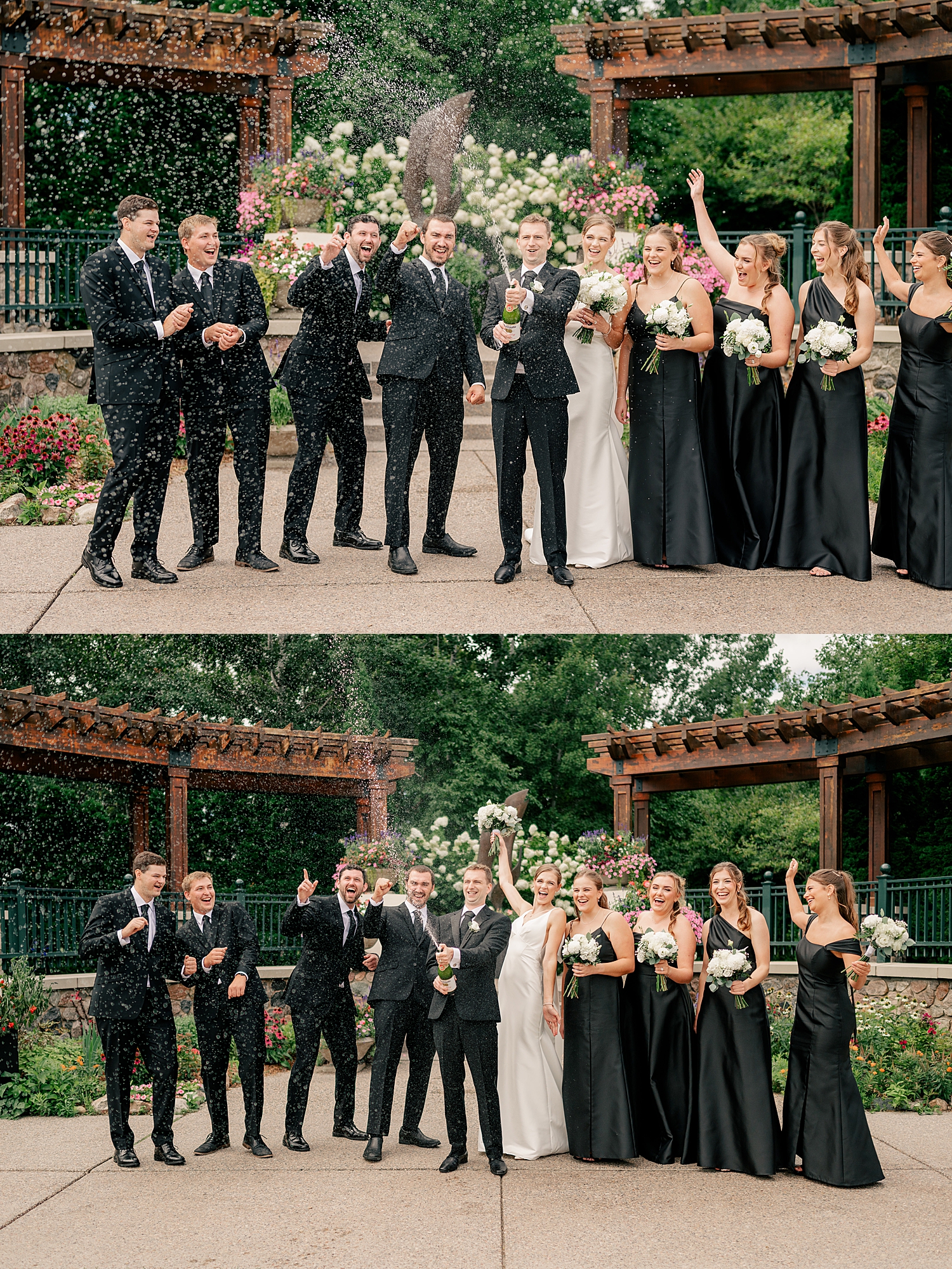 bridal party sprays champagne to celebrate at black & white wedding