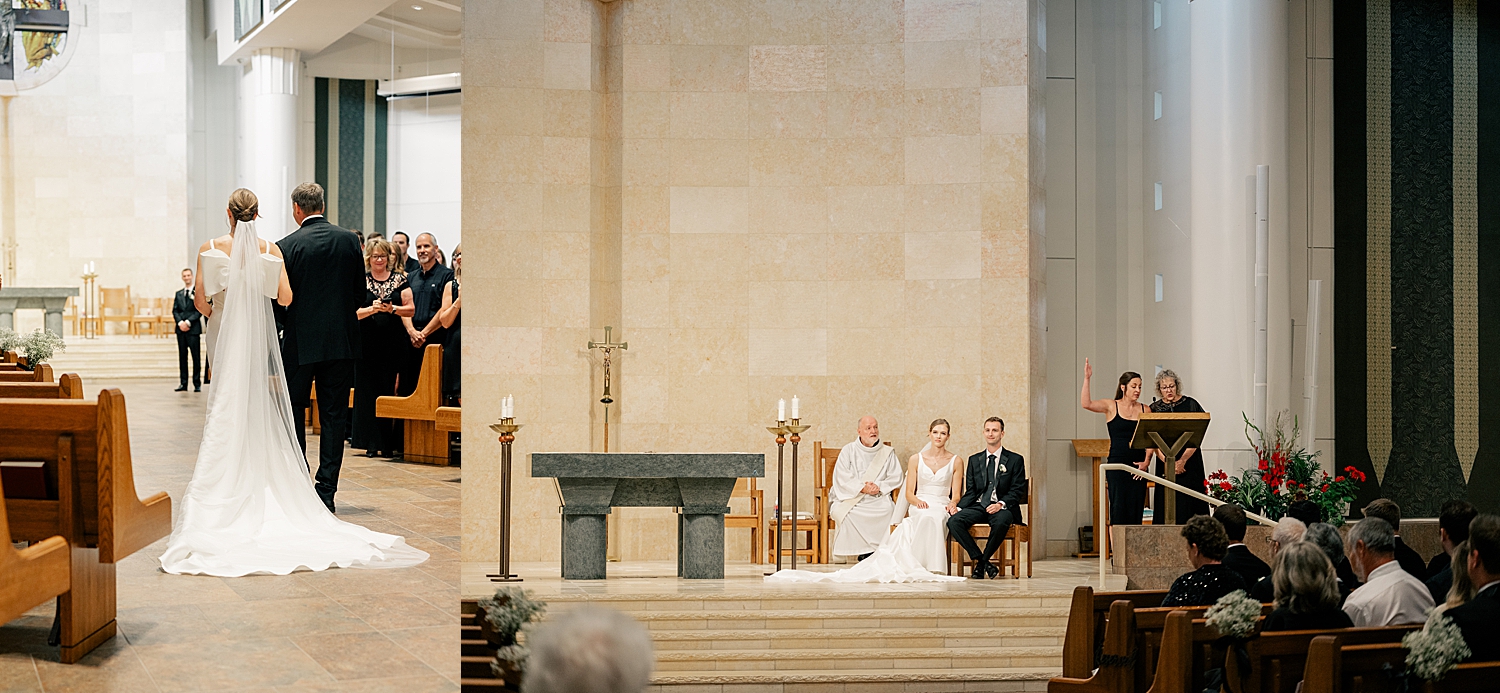 couple sits on stage for traditional Catholic ceremony by Rule Creative Co