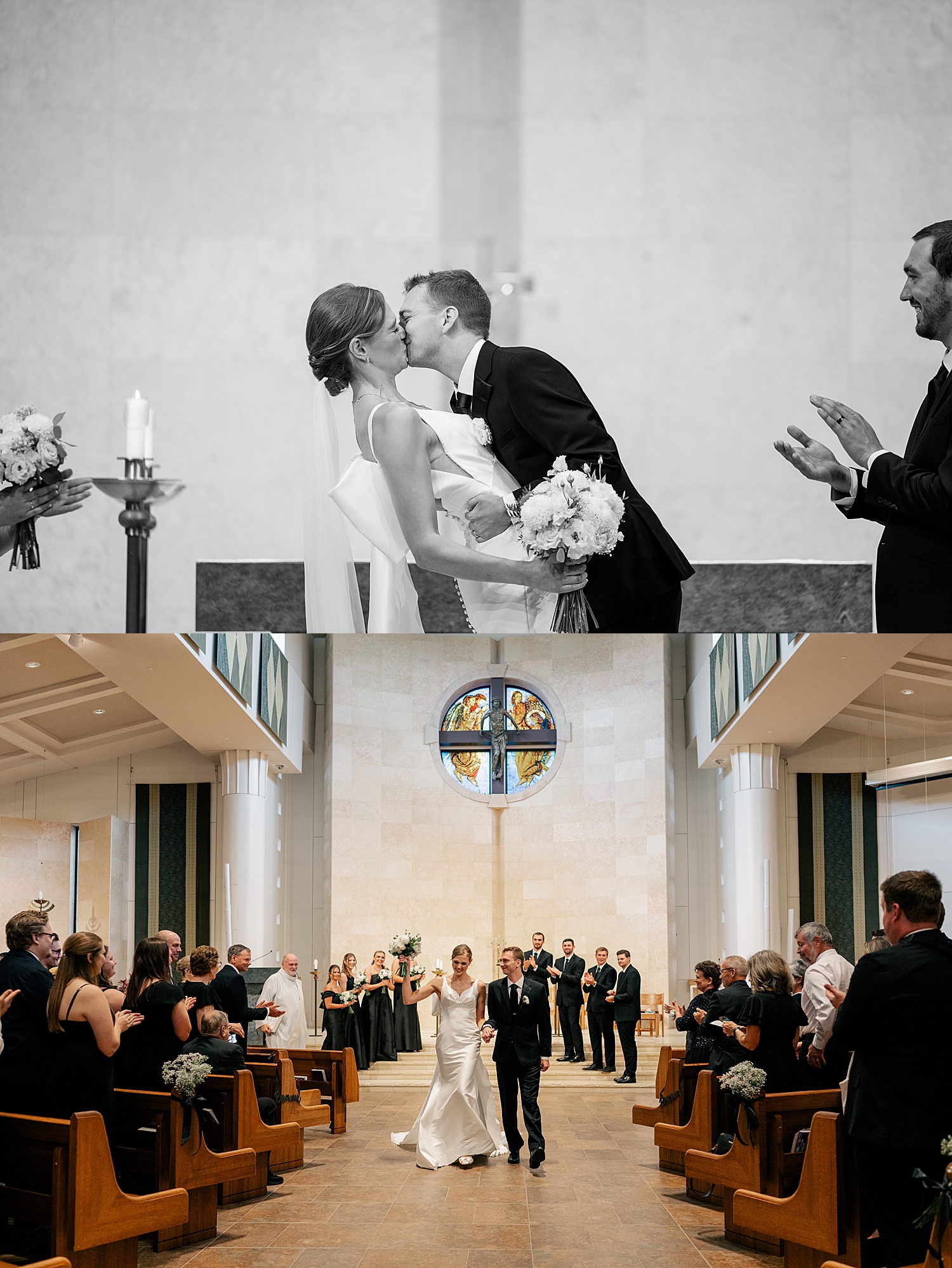 newlyweds share first kiss at Catholic alter for black & white wedding
