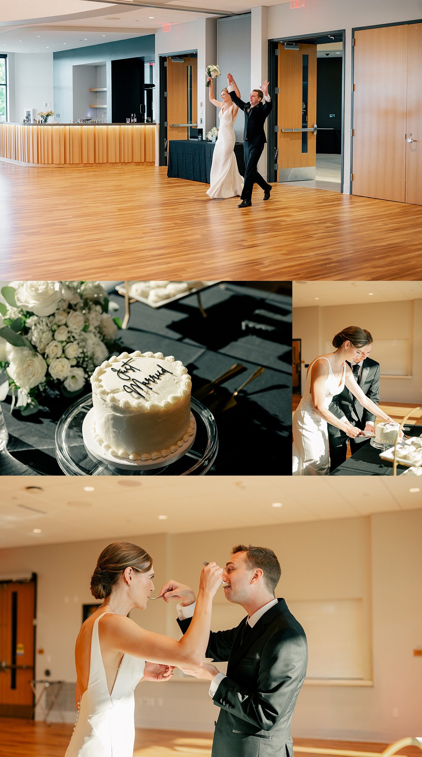 husband and wife feed each other cake at reception by Minnesota photographer