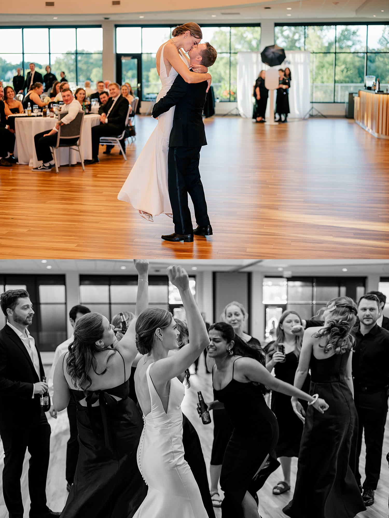 man lifts new wife up for a kiss on dance floor by Rule Creative Co