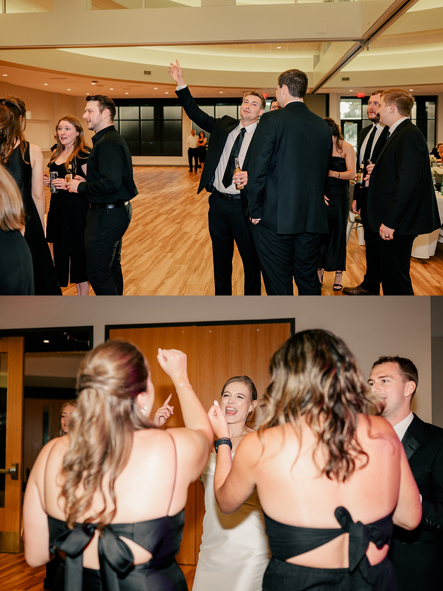 guests dancing together at black & white wedding reception