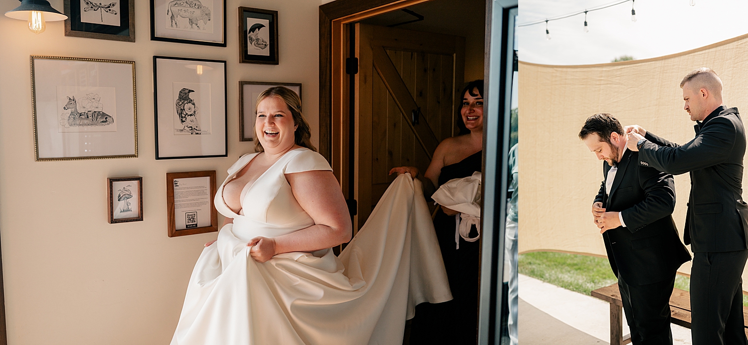 woman walks through wooden door in her bridal gown by Minnesota elopement photographer