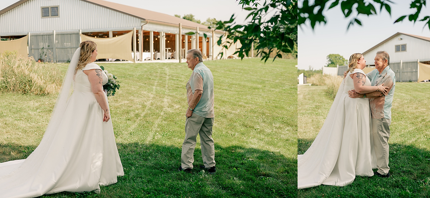 grandparents waiting on lawn for a first look at August Minnesota Wedding