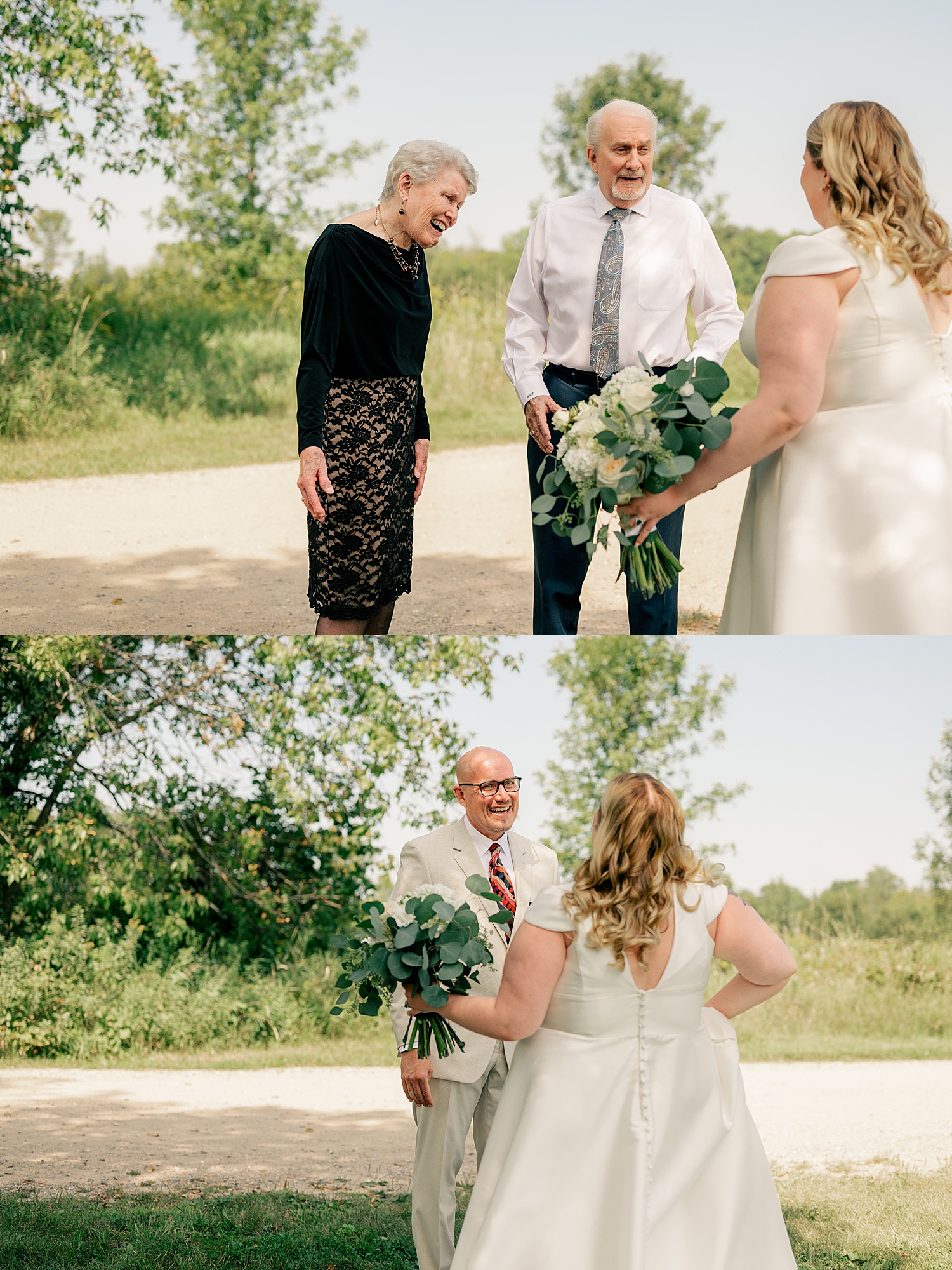 grandparents fawn over the bride for first look by Minnesota elopement photographer