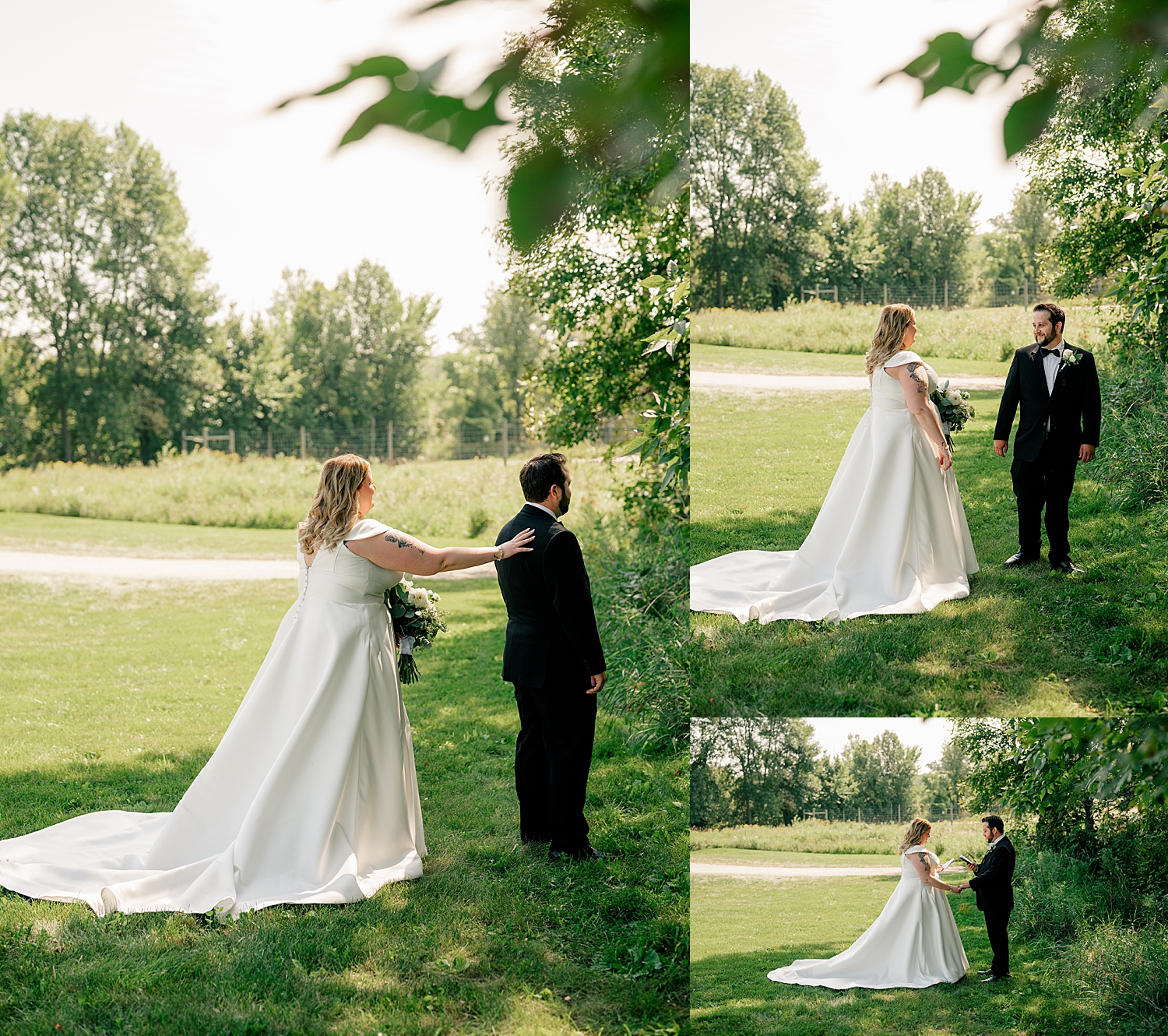 woman approaches her groom in lawn for first look by Rule Creative Co