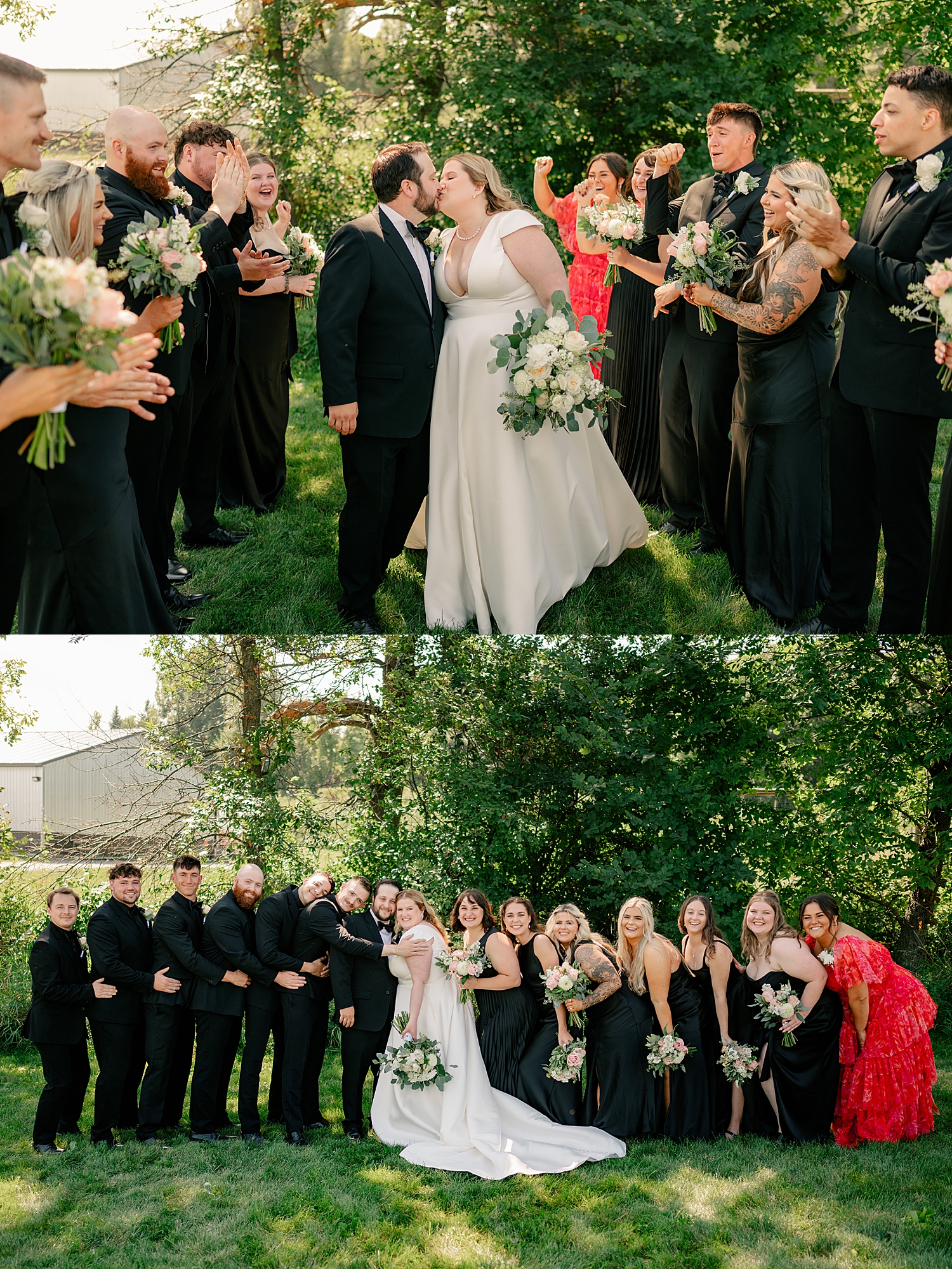 newlyweds stand with their bridal party wearing all black for August Minnesota Wedding