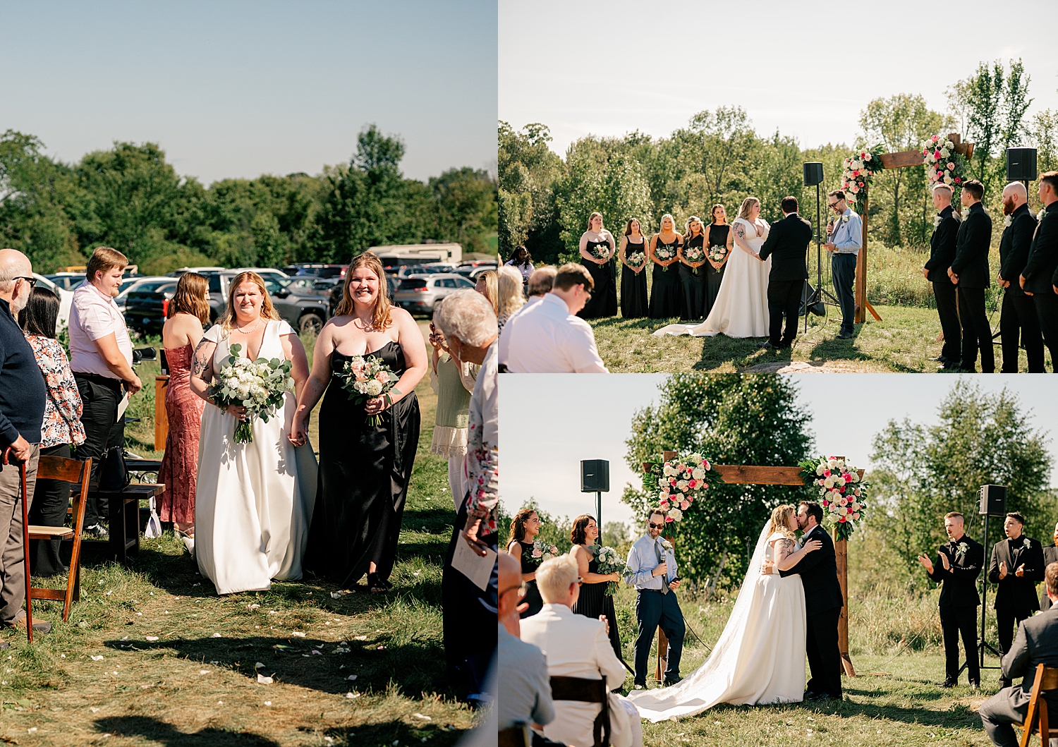 woman walks down the outdoor aisle for ceremony during August Minnesota Wedding