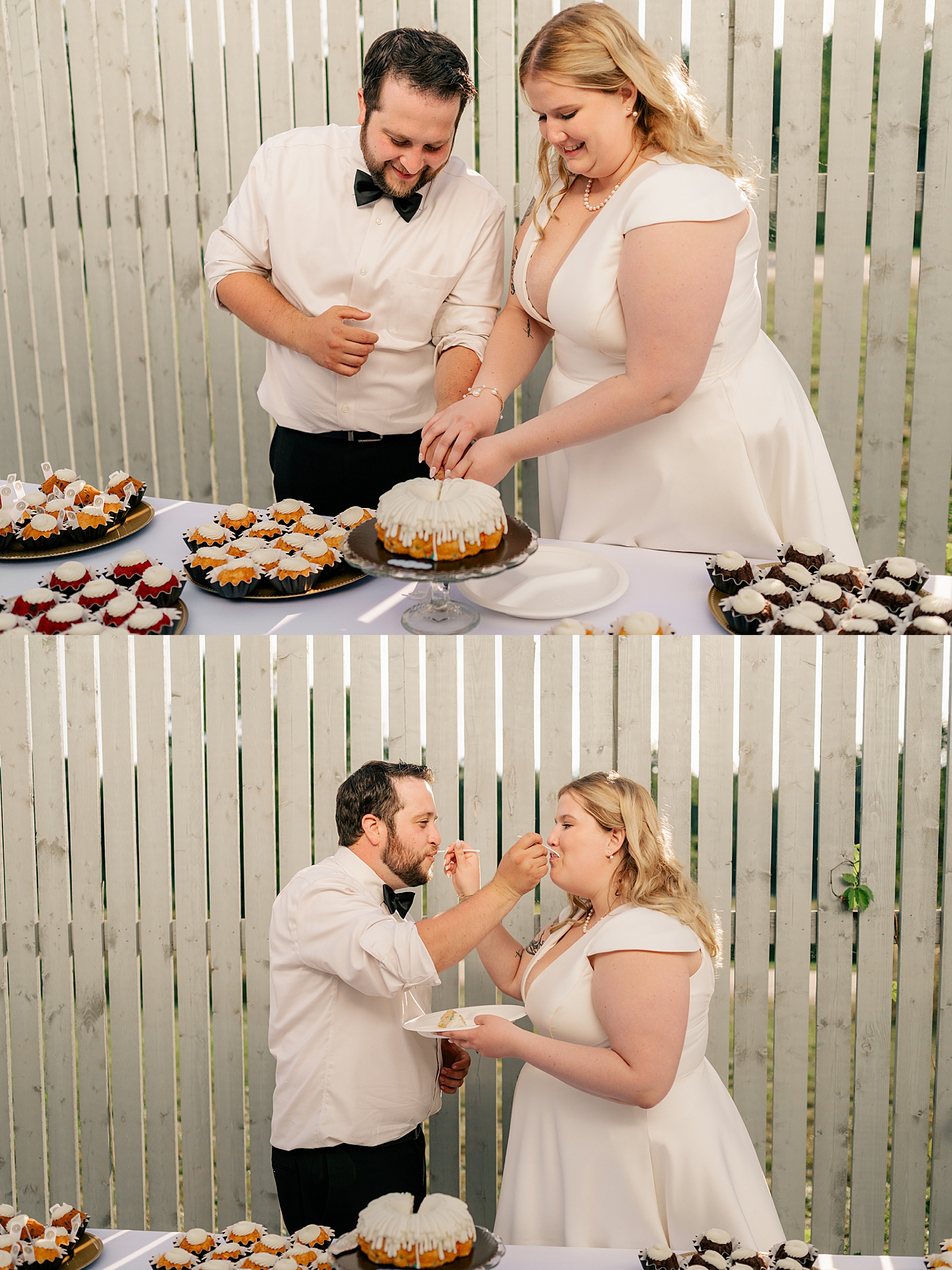 newlyweds cut their Bundt cake together and share a slice by Minnesota elopement photographer