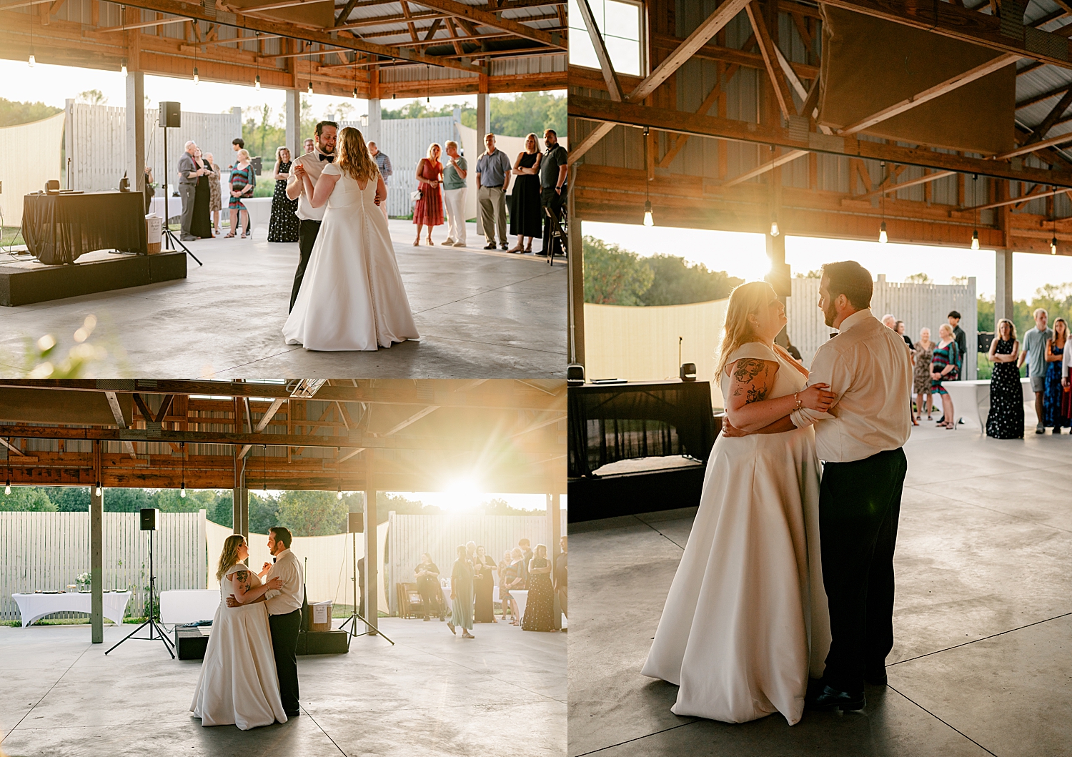 newlyweds share a fist dance on the concrete floor at pavilion reception by Rule Creative Co