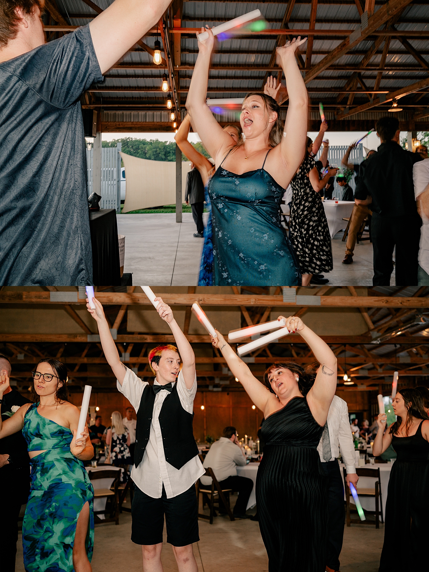 woman in emerald dress dances during reception by Minnesota elopement photographer