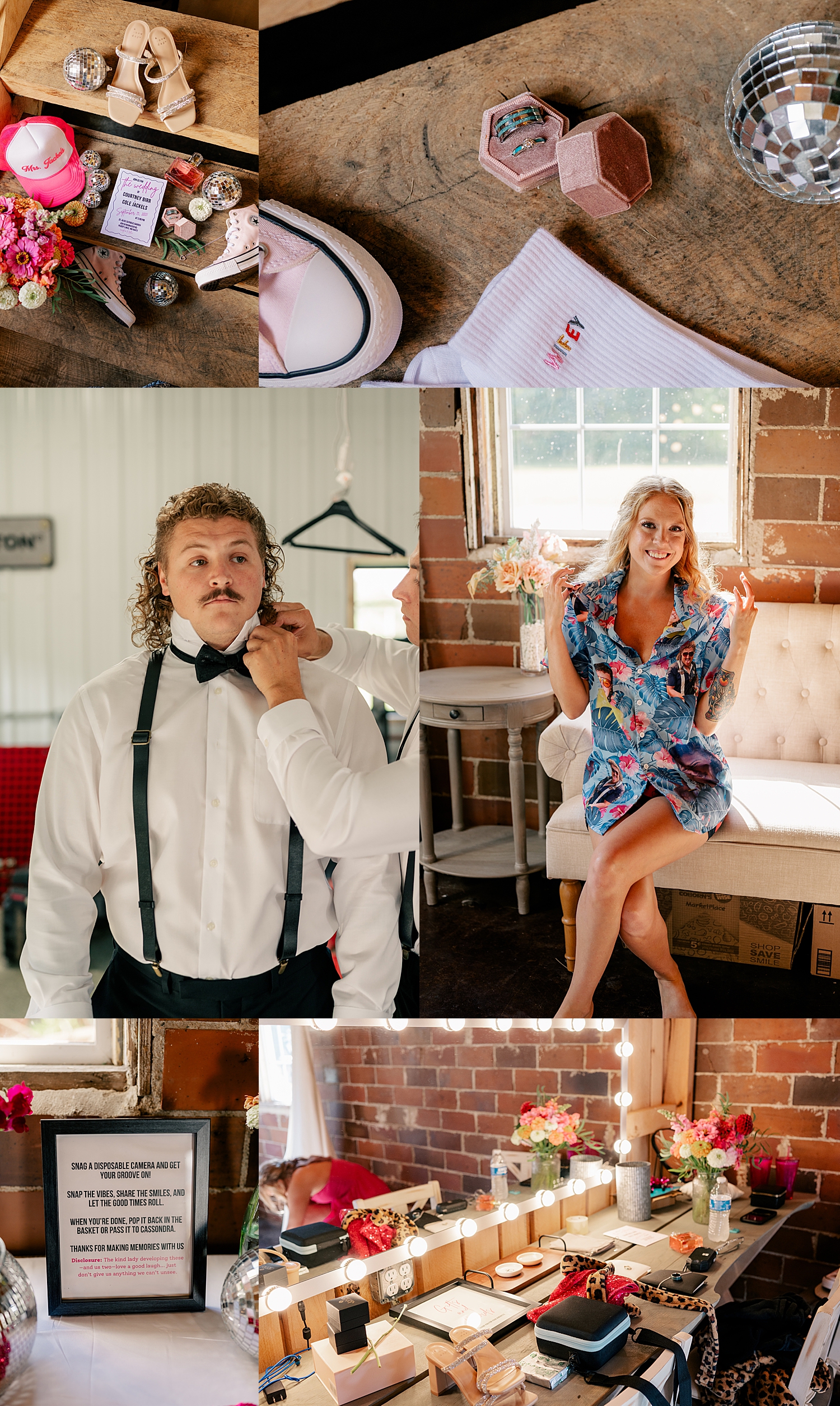 bride and groom get ready for their big day at Red Oak Farm
