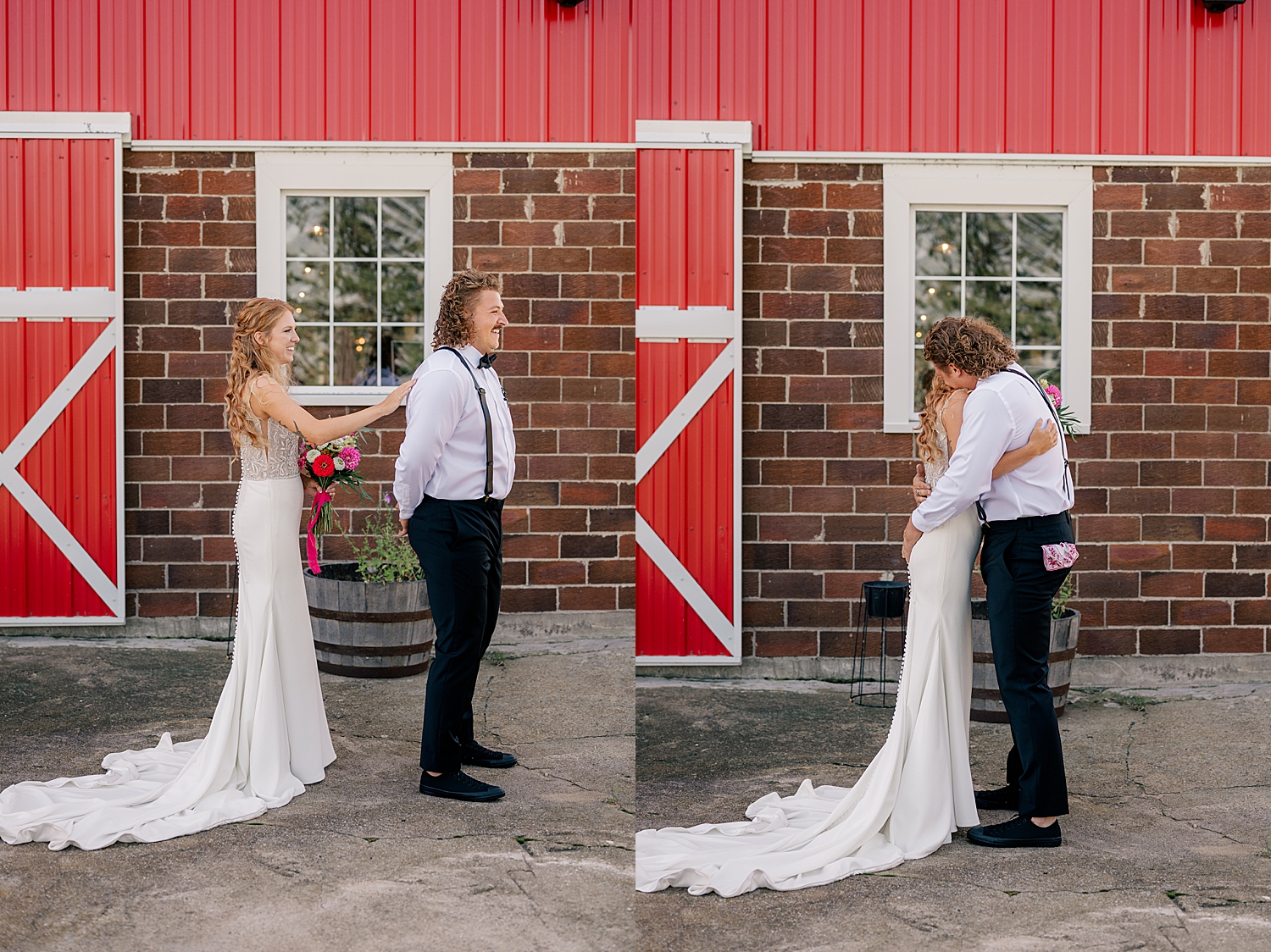 woman approaches her man for first look outside of at Red Oak Farm