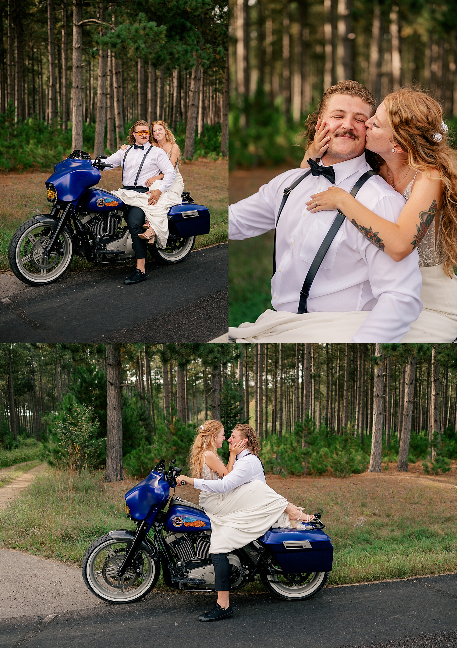 couple sit on a blue motorcycle in formal clothes by Minnesota wedding photographer