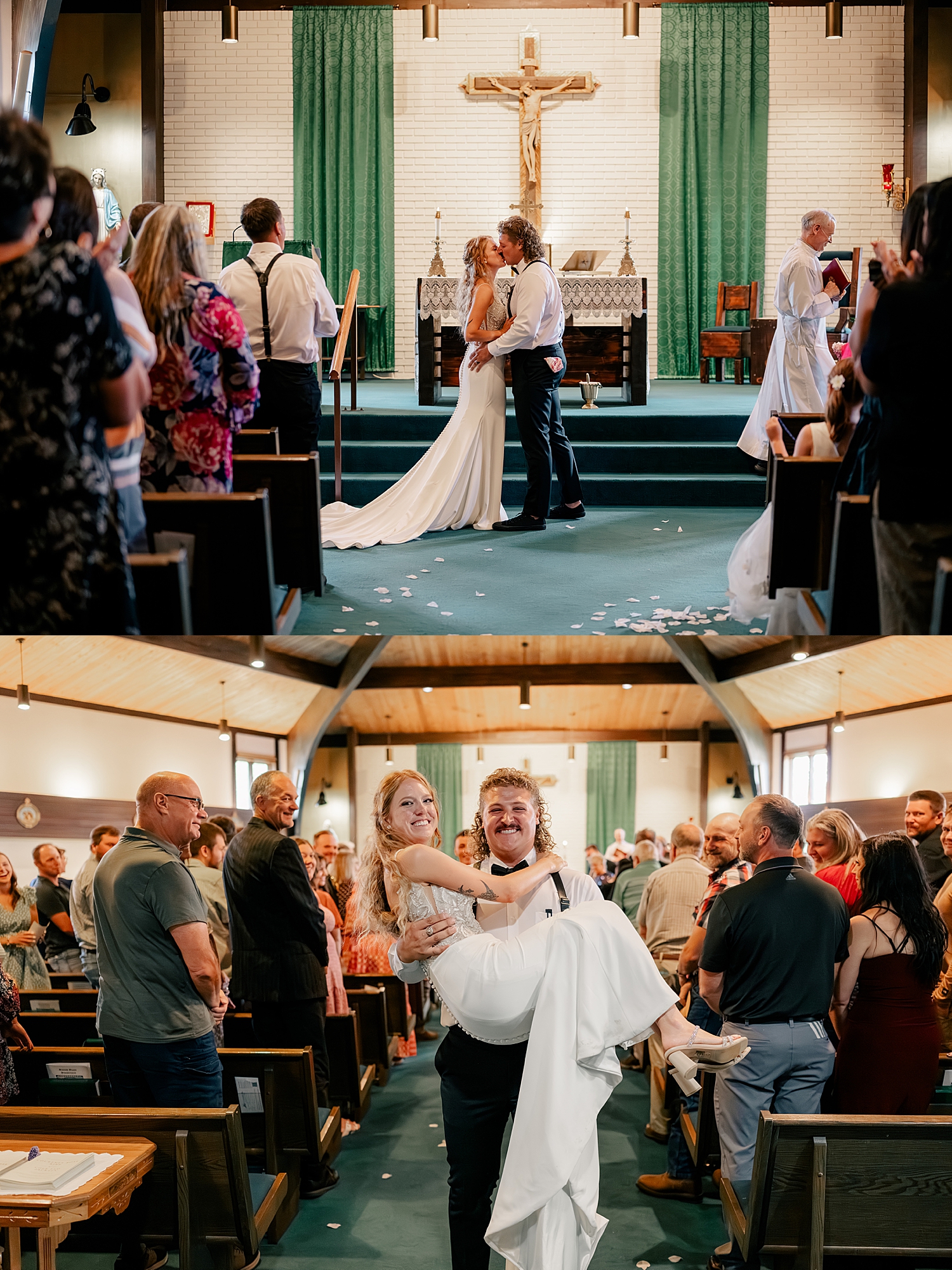 newlyweds share a first kiss at Catholic alter by Rule Creative Co