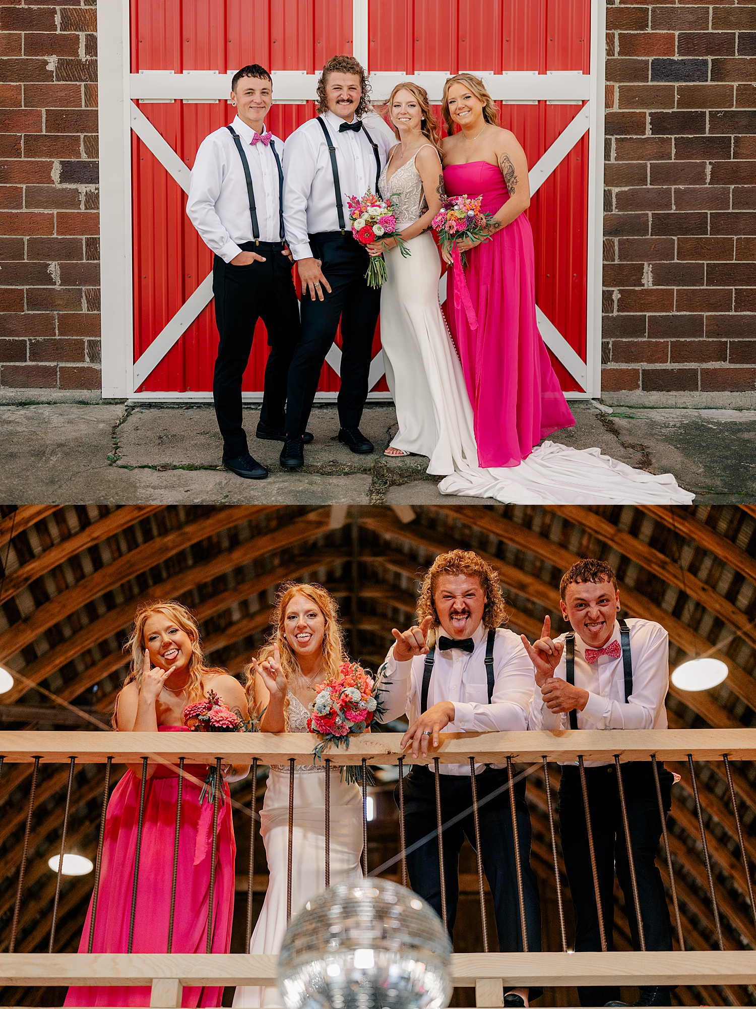bridal party in bright pink and suits surround newlyweds at Red Oak Farm