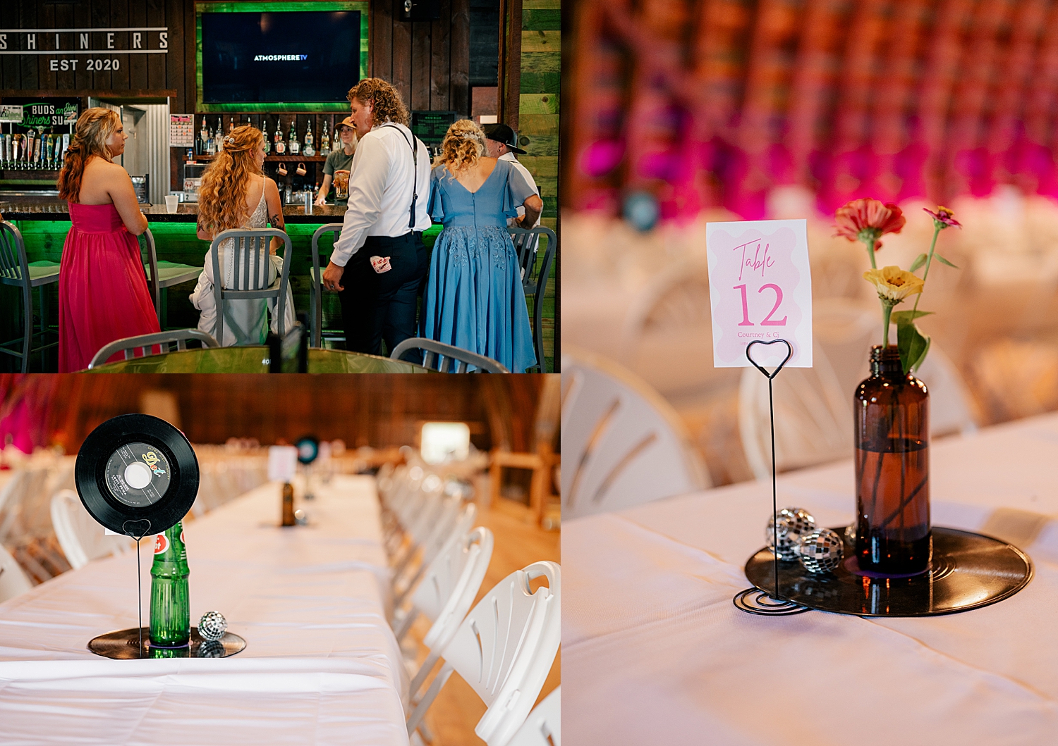 newlyweds share a drink at bar with friends at social hour by Minnesota wedding photographer