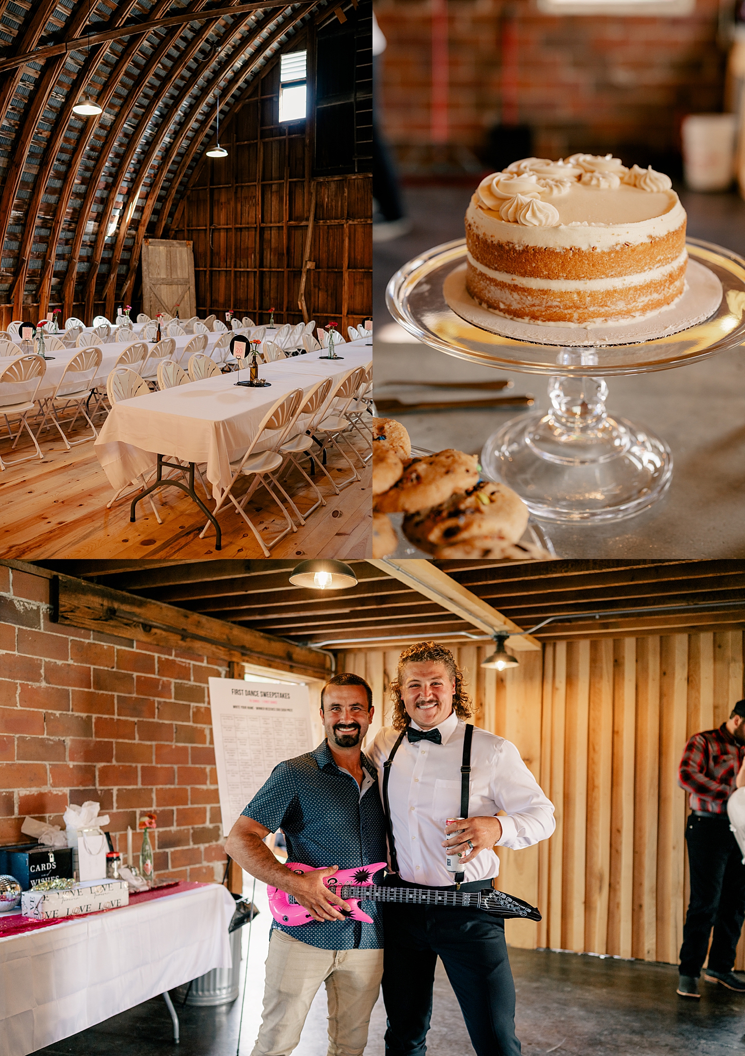 groom with suspenders next to man with pink guitar by Minnesota wedding photographer