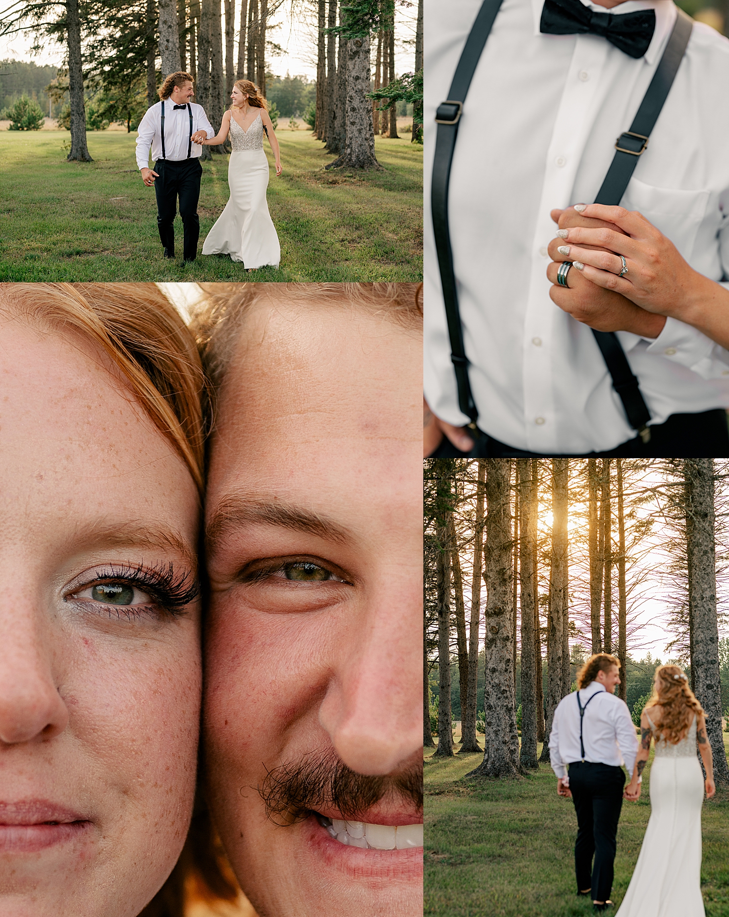 newlyweds walk under trees during golden hour at Red Oak Farm