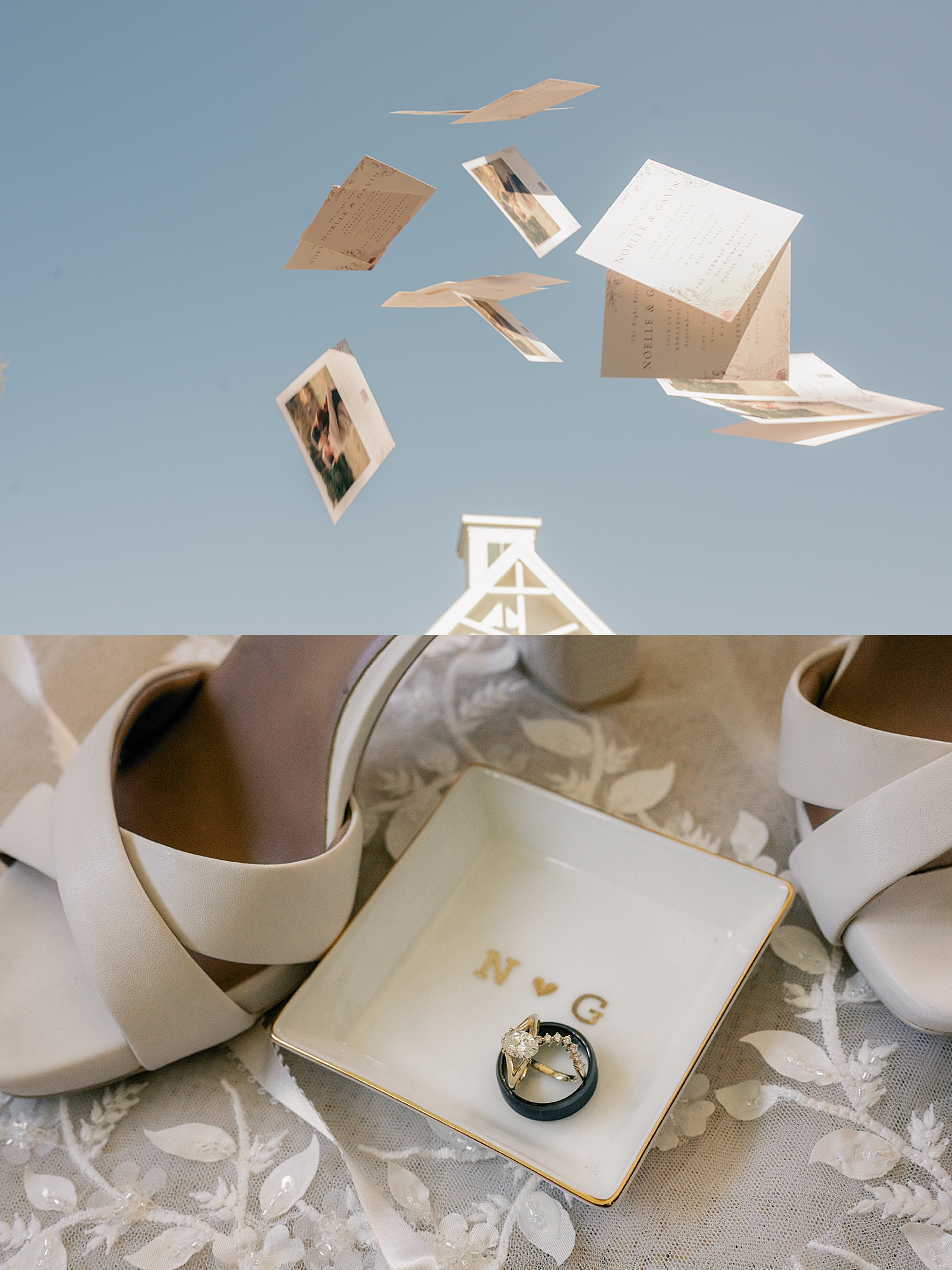invitations tossed up in the air for big day by Rule Creative Co
