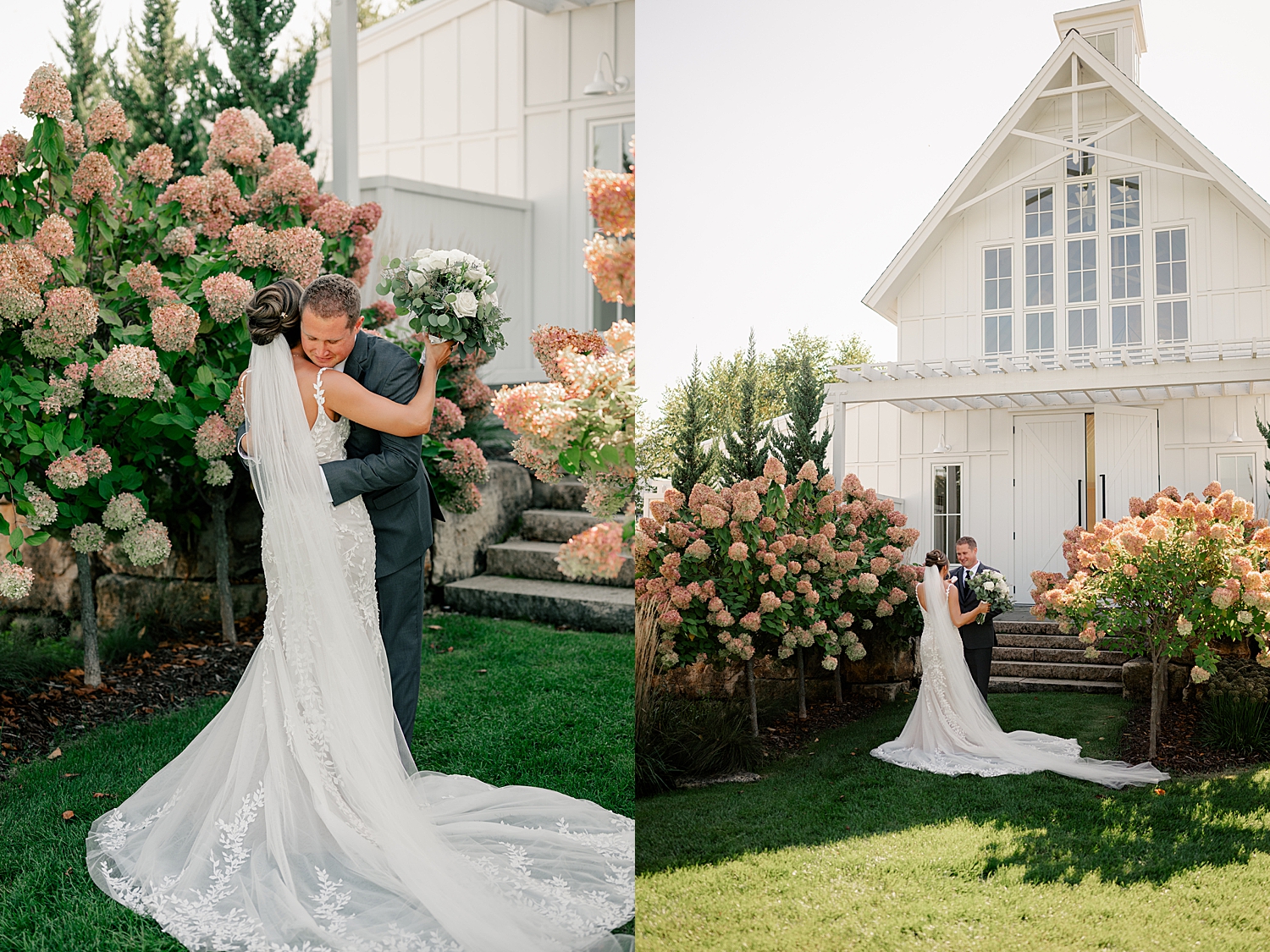 man hugs his wife-to-be close during outdoor first look by Minnesota wedding photographer