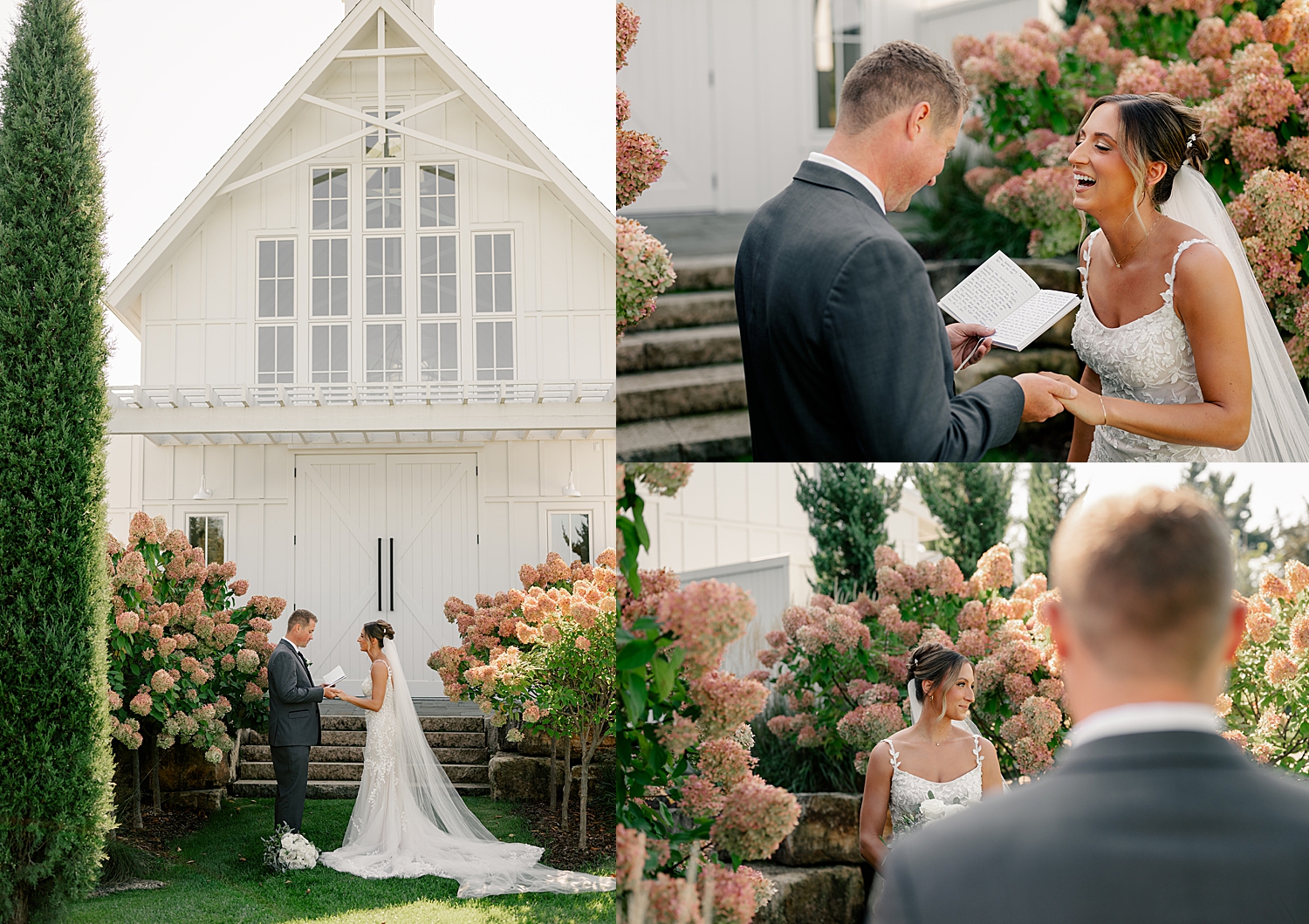 husband and wife share private vows in front of white barn by Rule Creative Co