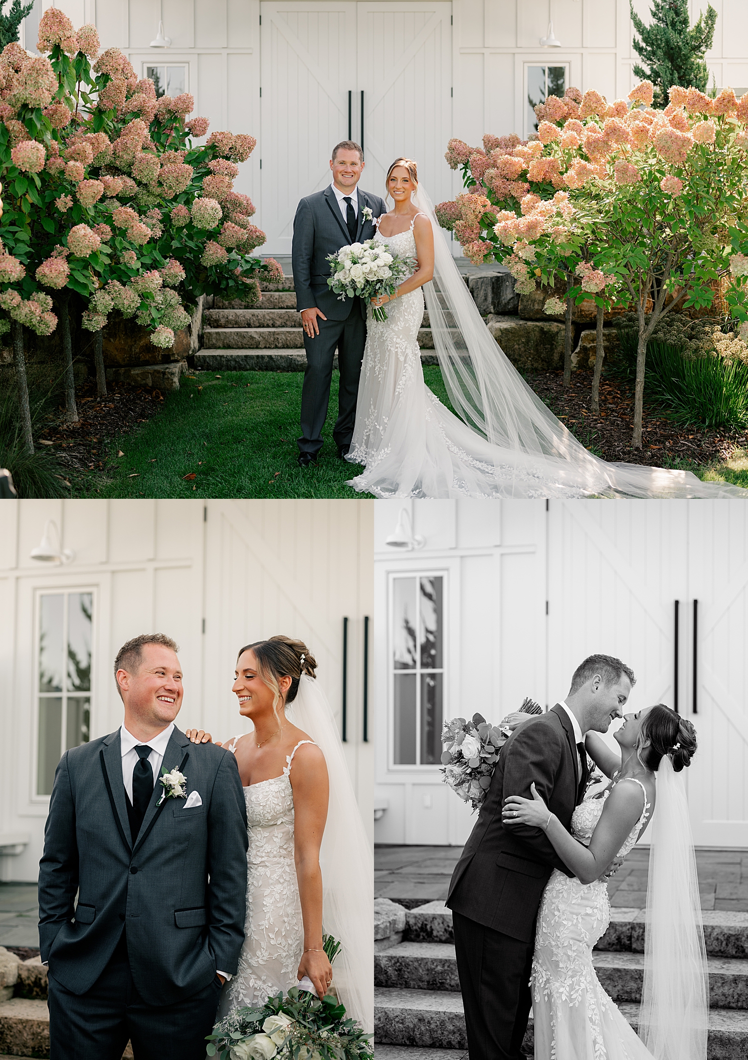 newlyweds share a kiss on steps by hydrangeas by Minnesota wedding photographer