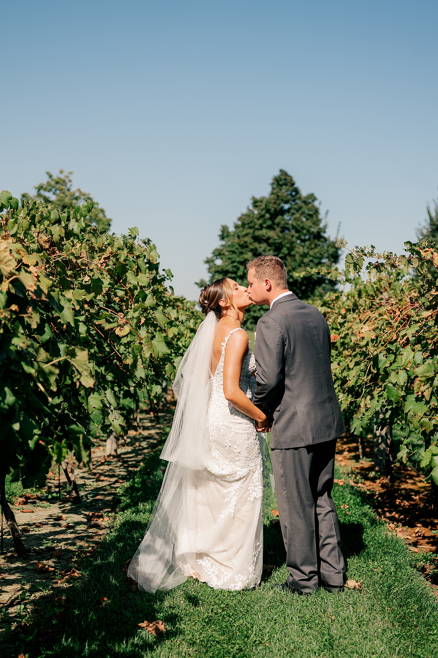 newlyweds steal a kiss in the sunlight at a vineyard by Rule Creative Co