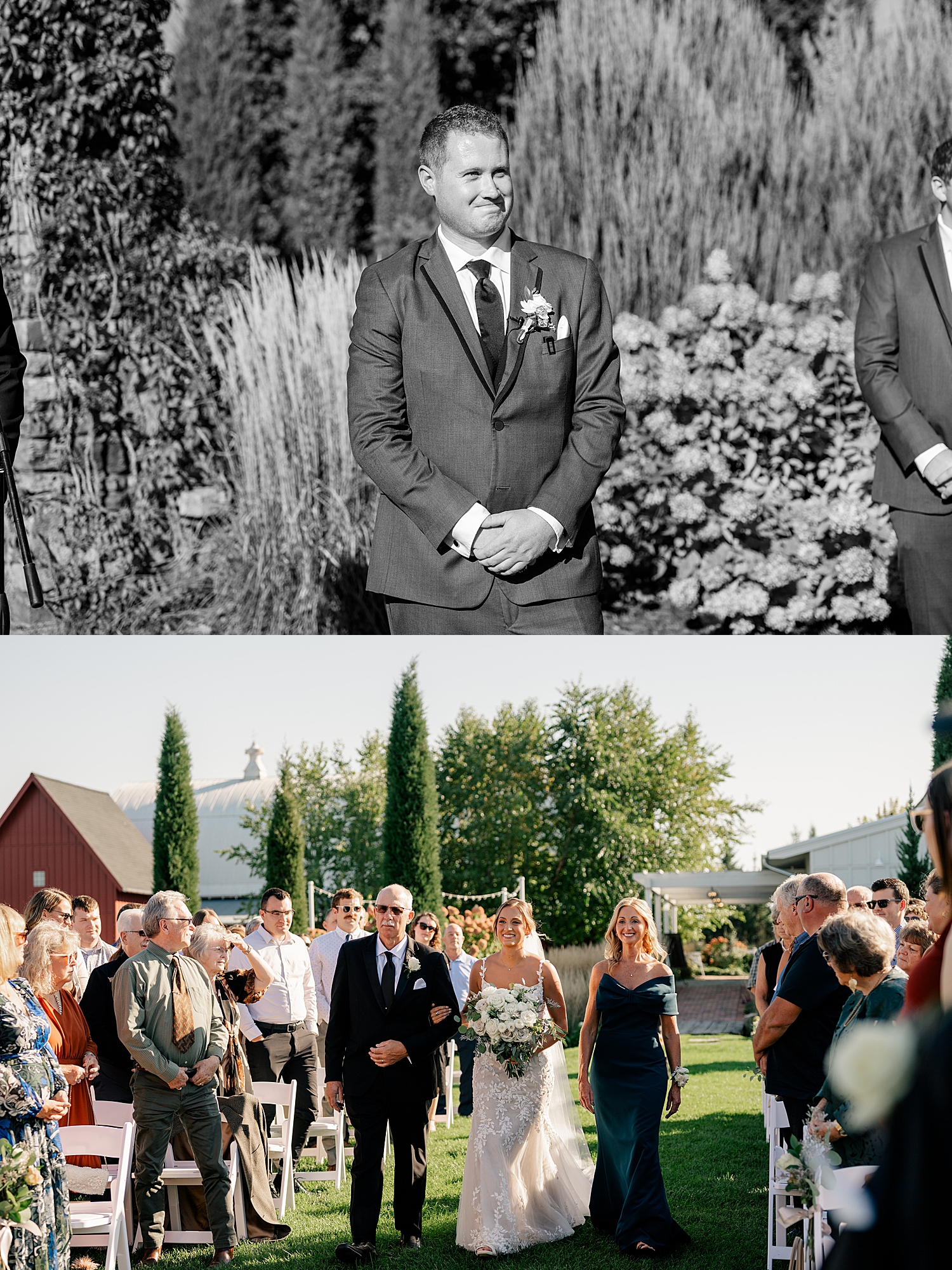 groom smiles as his bride walks down outdoor aisle at Redeemed Farm