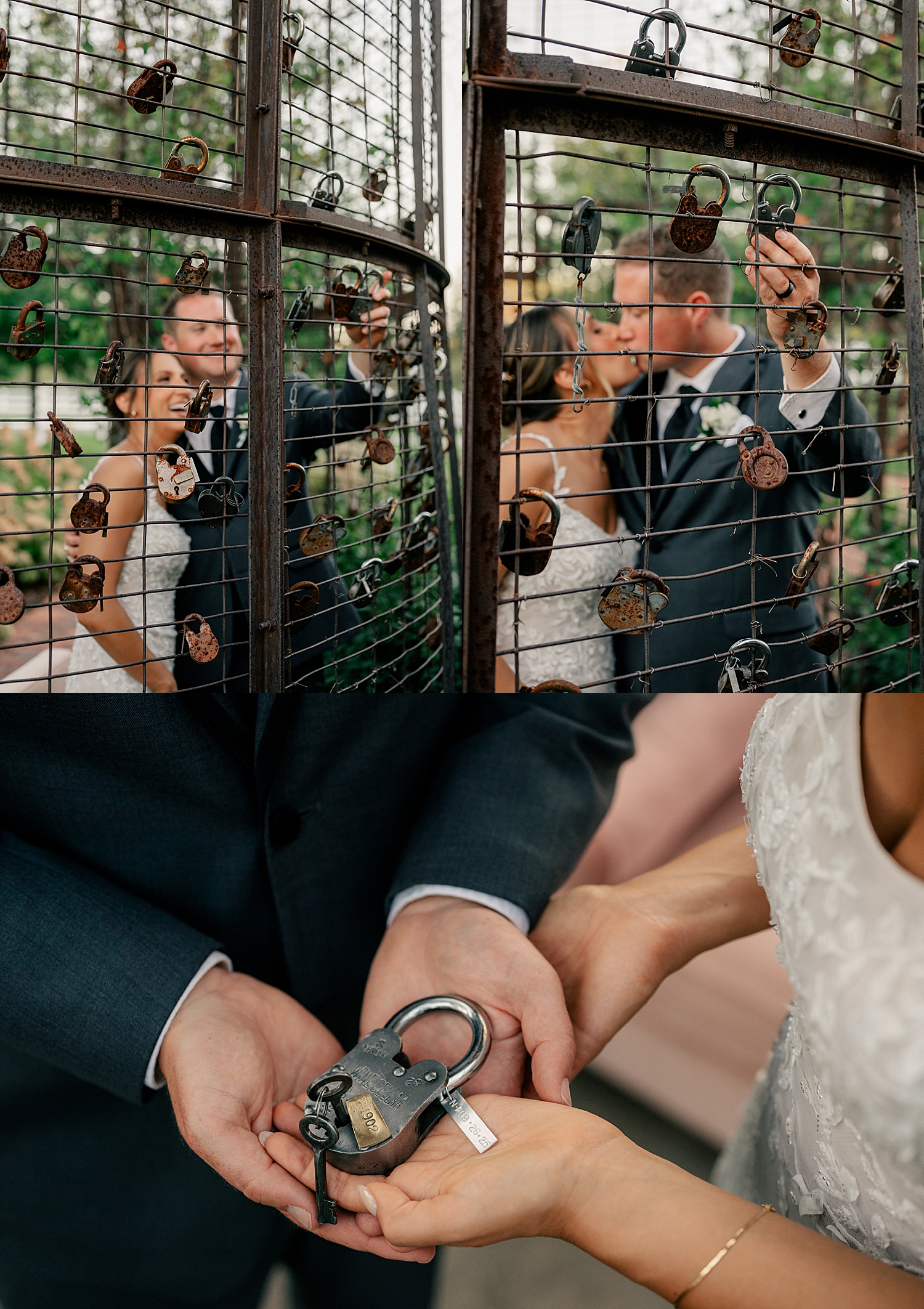 husband and wife share a kiss while they add a lock to the fence at Redeemed Farm