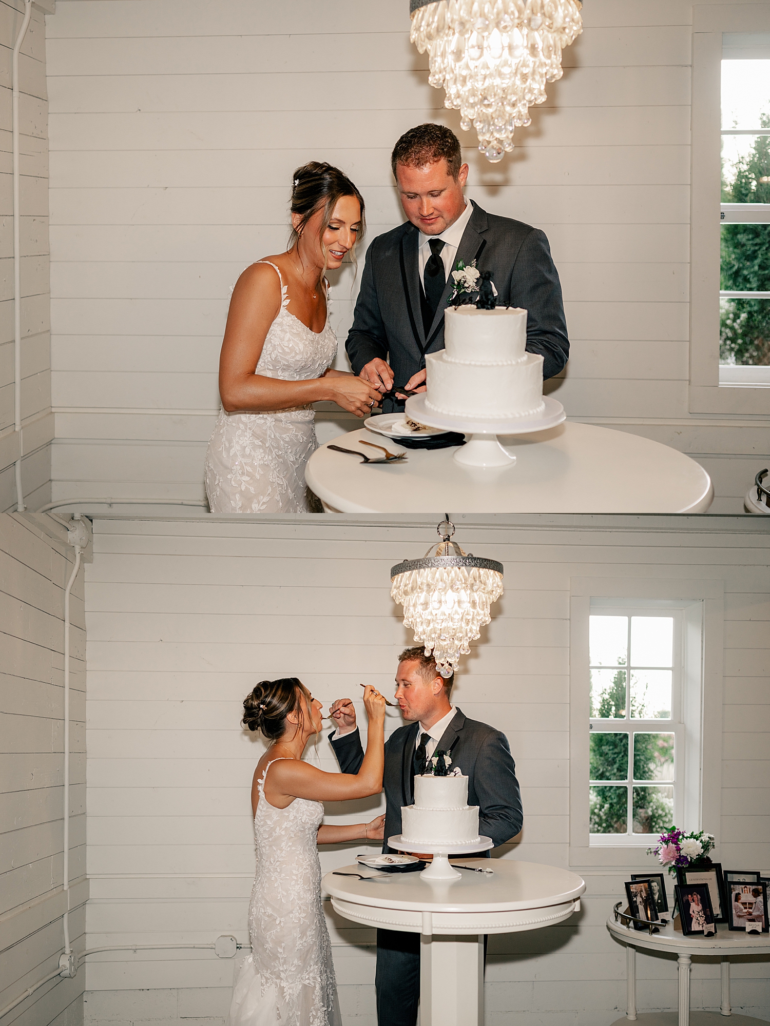 newlyweds share a bit of cake at their reception at Redeemed Farm