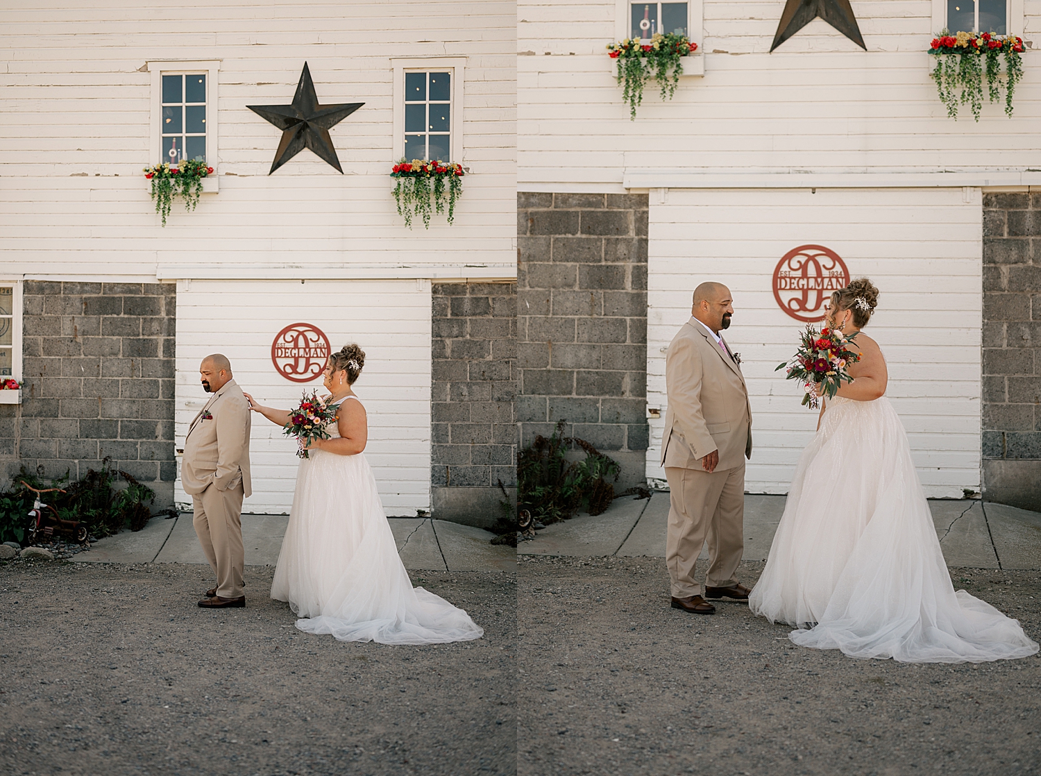 woman approaches her groom for first look by white wall by Minnesota wedding photographer